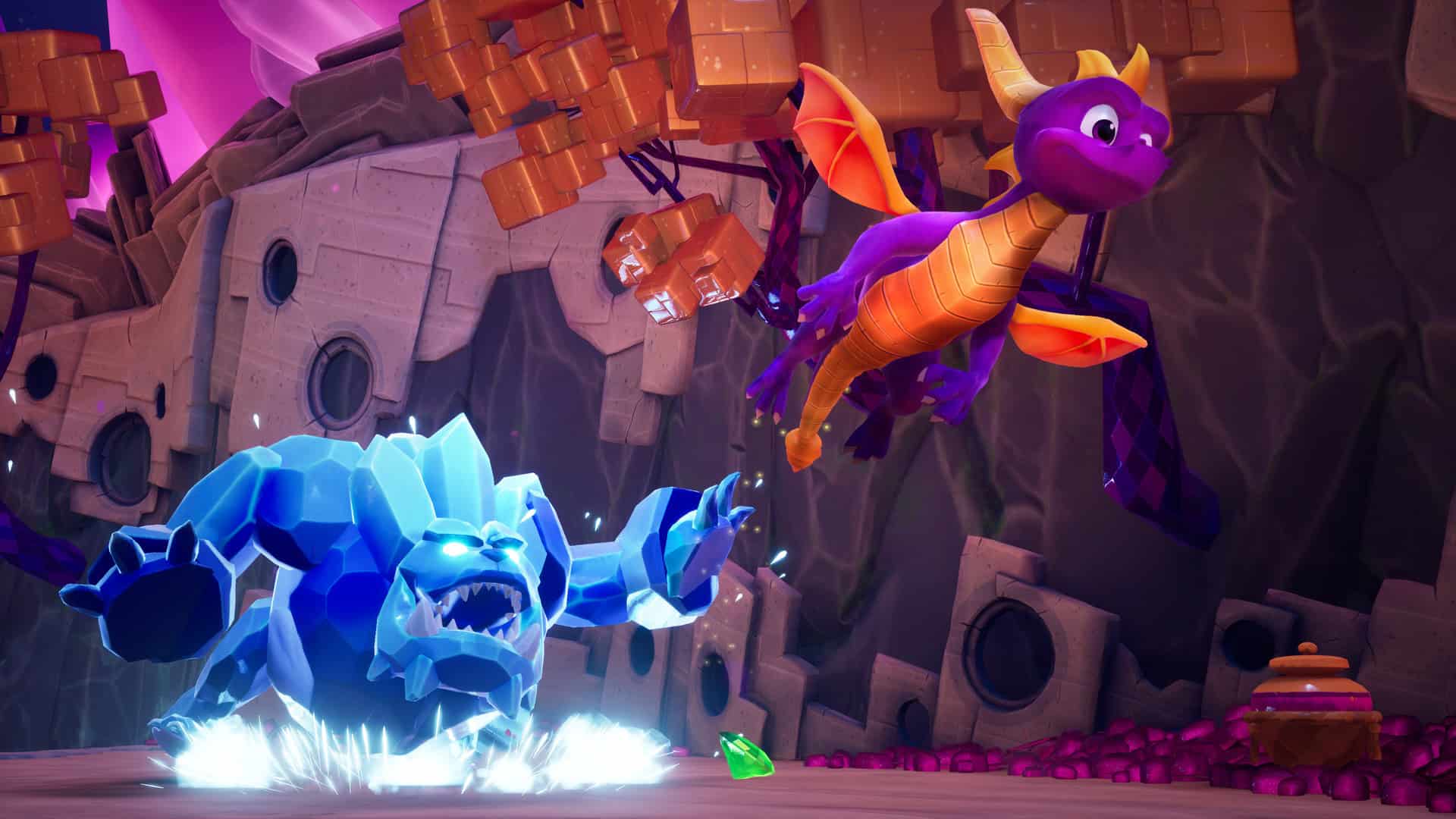 Spyro Reignited Trilogy screenshot showing Spyro flying away from an ice crystal monster.