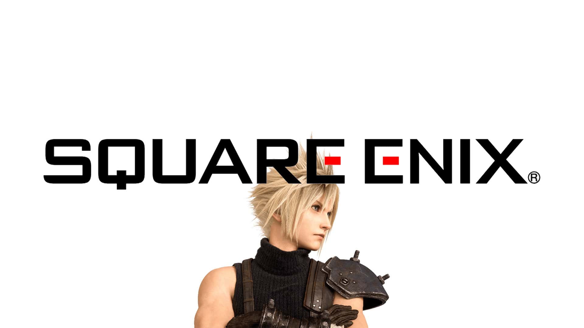 Square Enix logo overlayed on an image of Cloud Strife stood against a white backdrop