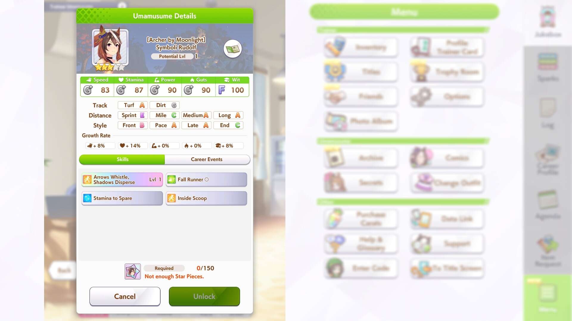 Symboli Rudolf stats are shown in Umamusume Pretty Derby.