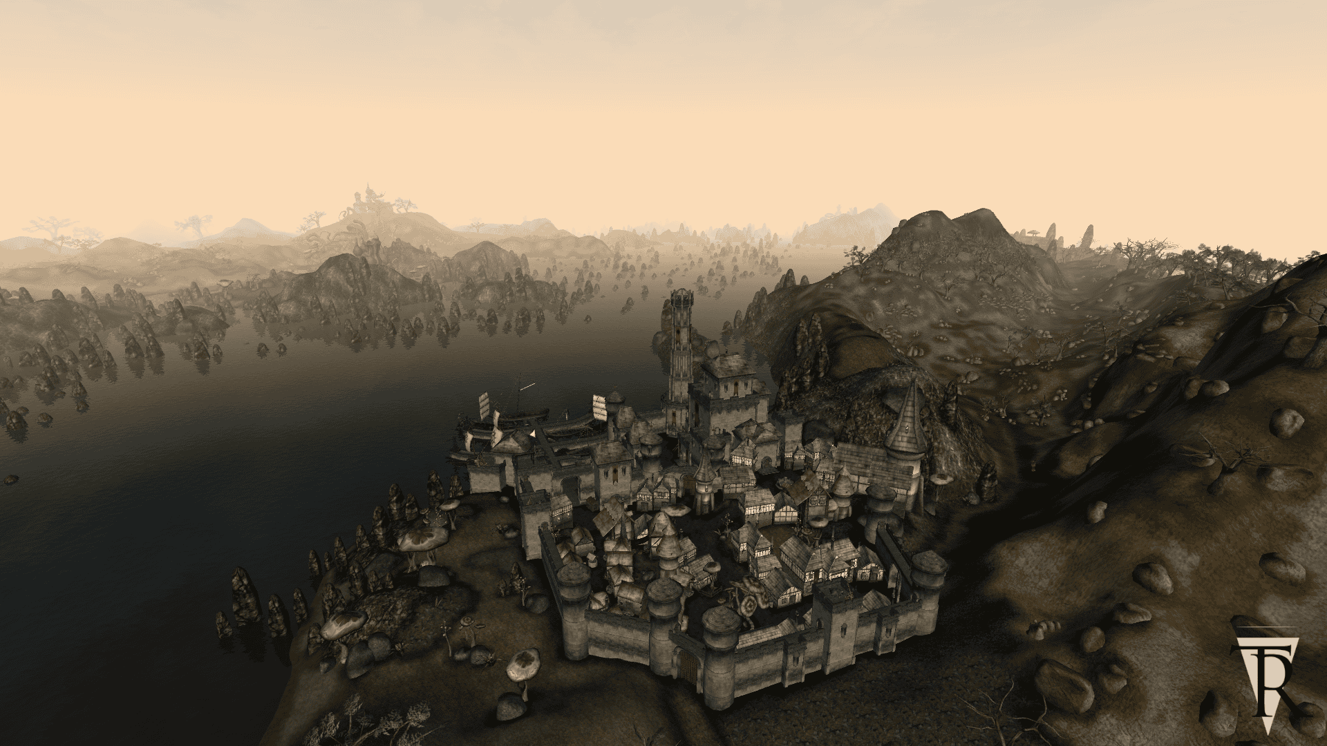A view of a city in Morrowind's Tamriel Rebuilt Mod