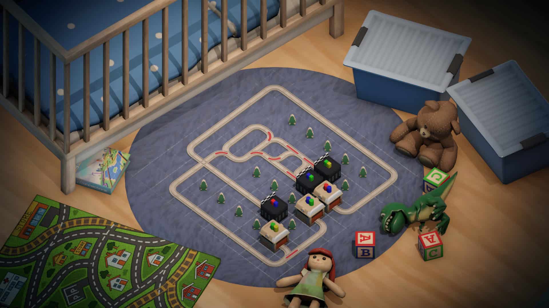 This image shows a screenshot of gameplay from the game Teeny Tiny Trains, which shows a model train set on the floor of a child's bedroom.