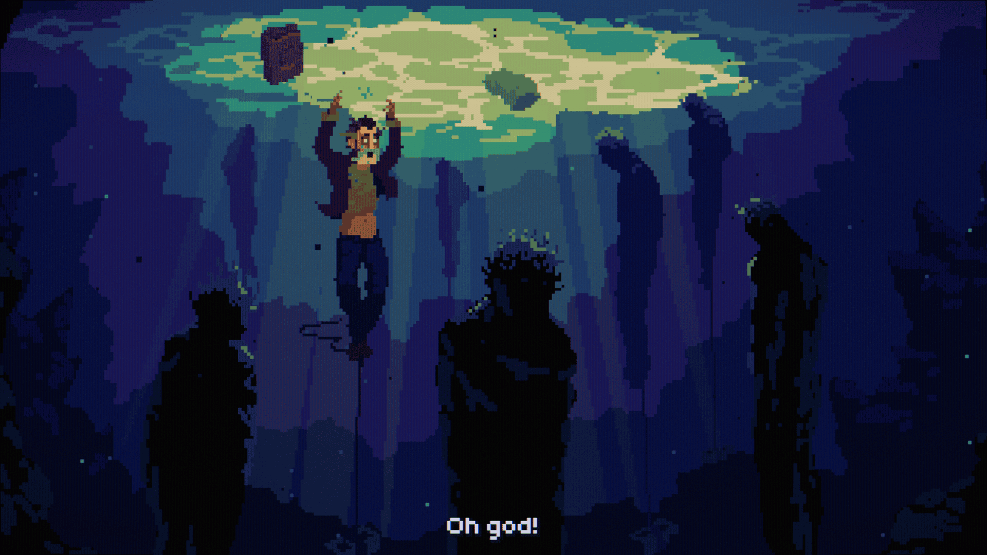 A screenshot of Mick Carter in The Drifter, shortly after being thrown into a lake. 