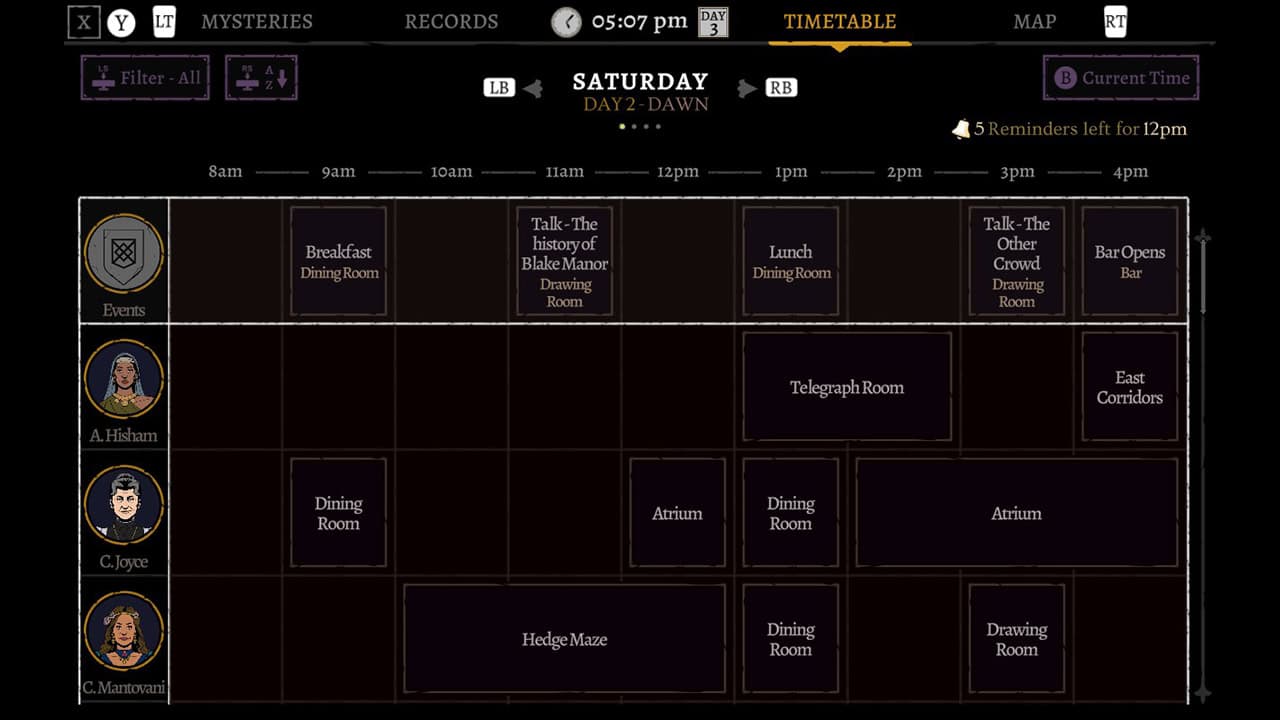A screenshot of The Seance of Blake Manor's timetable page.