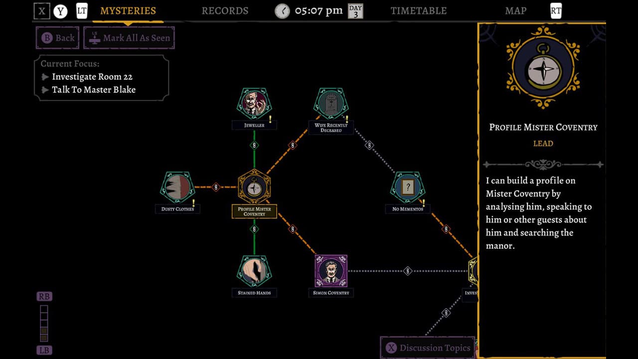 A screenshot of The Seance of Blake Manor's 'mysteries' screen.