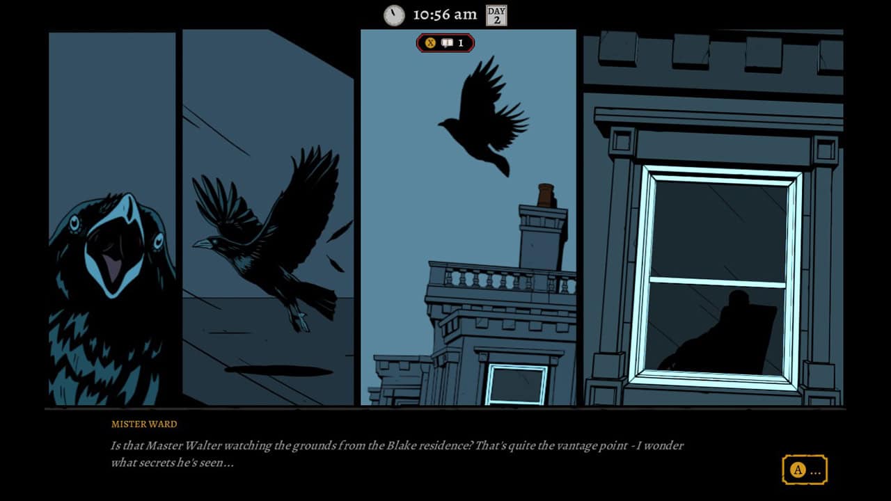 A screenshot from The Seance of Blake Manor showing Declan's first sighting of Master Walter.