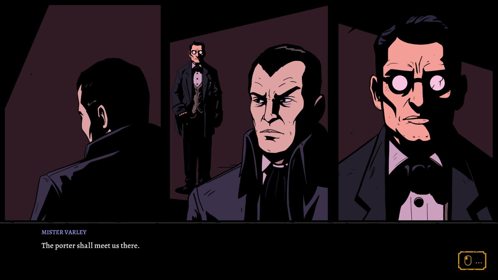 A screenshot from the Seance of Blake Manor, showing Declan with the hotel manager, Mister Varley.