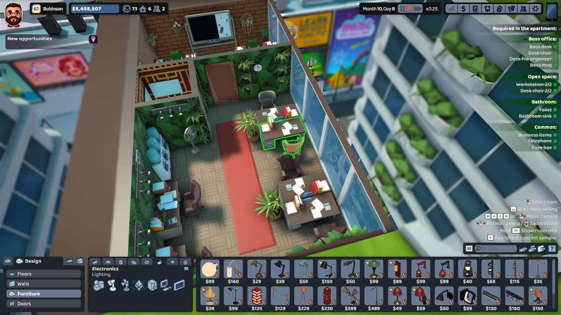 A UI with many furniture options is overlaid on a 3D grid in which someone is designing an apartment.