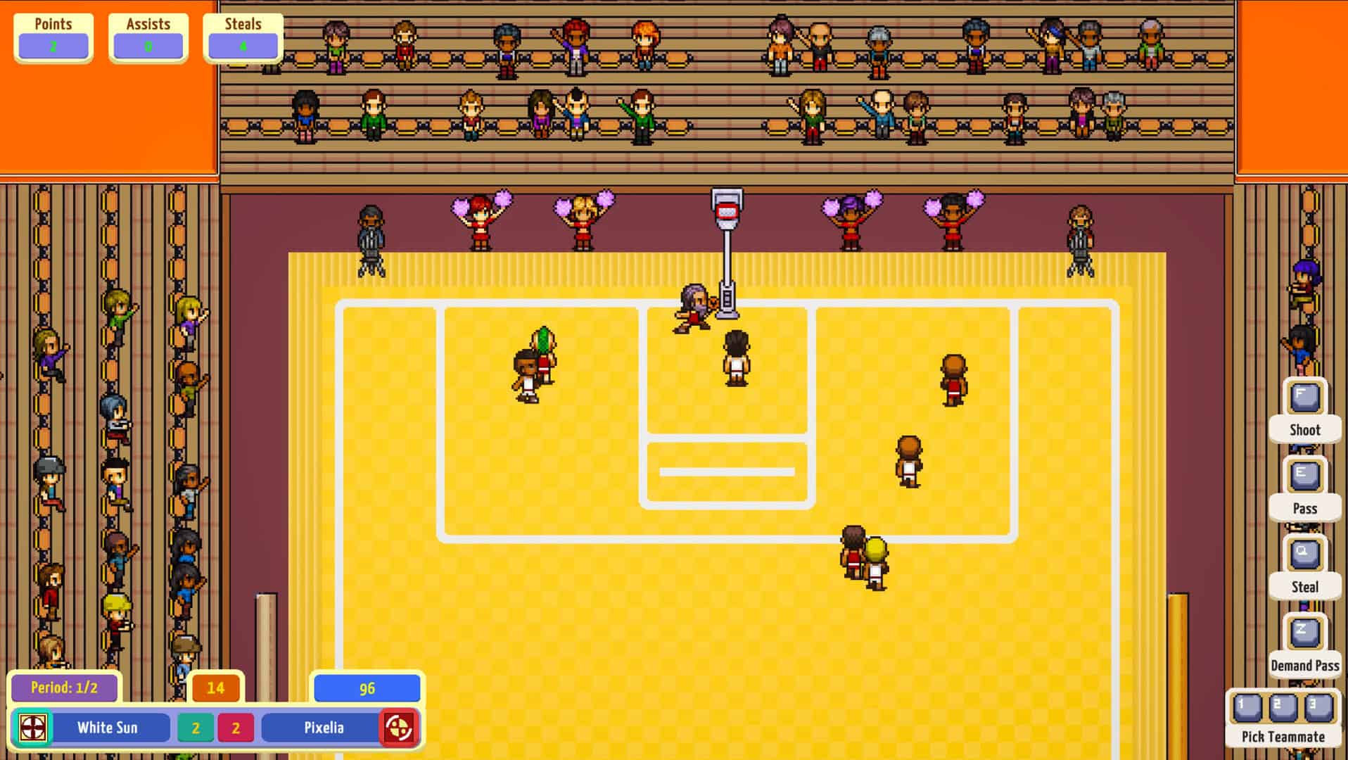A pixel art game showing a basketball game.