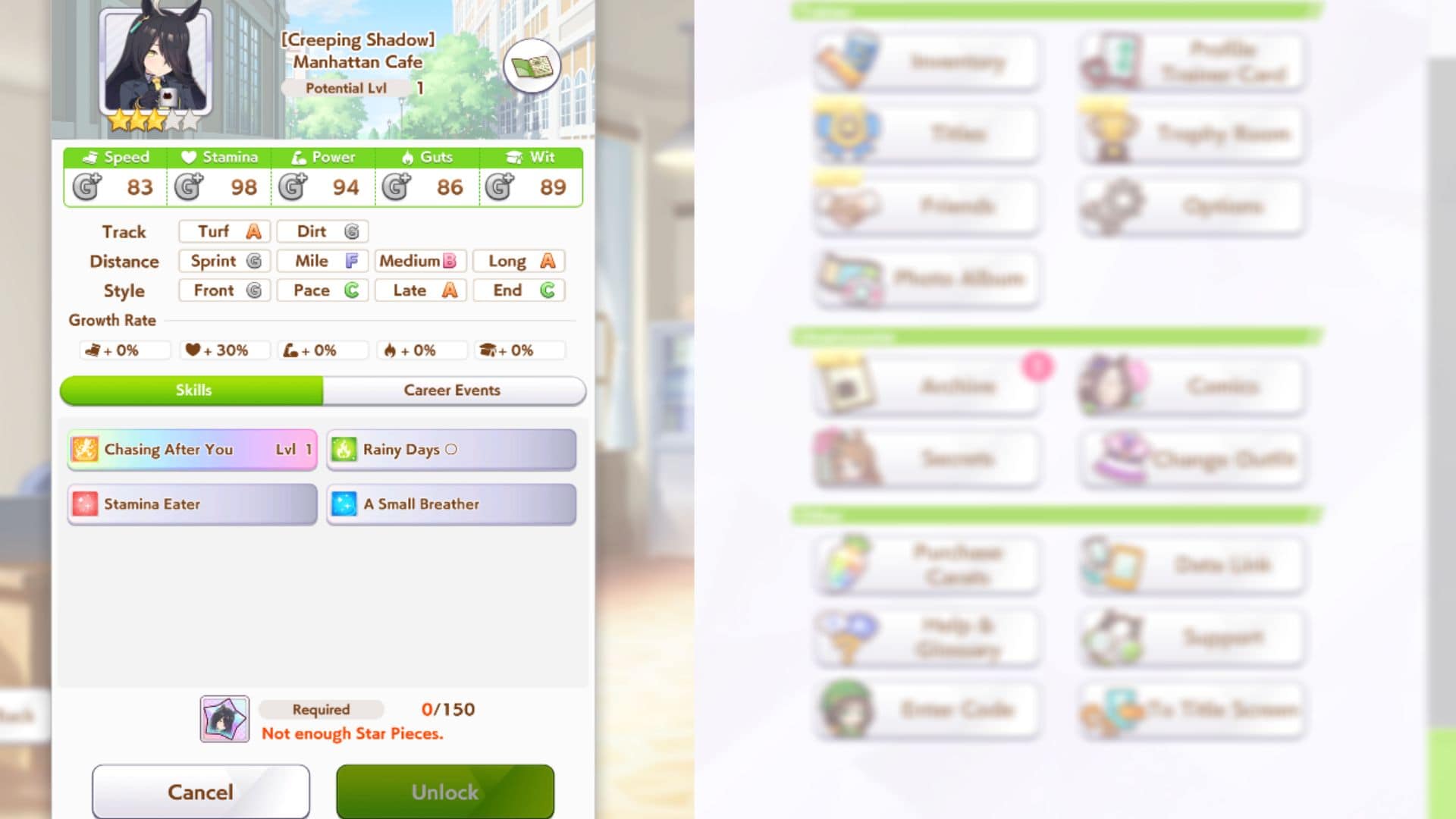 Manhattan Cafe overview is shown in Umamusume Pretty Derby