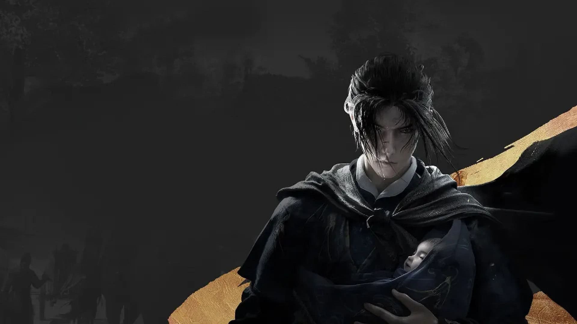 Haunting female warrior holding a baby with dark cloak, fantasy character, dramatic scene, GameObserver artwork.