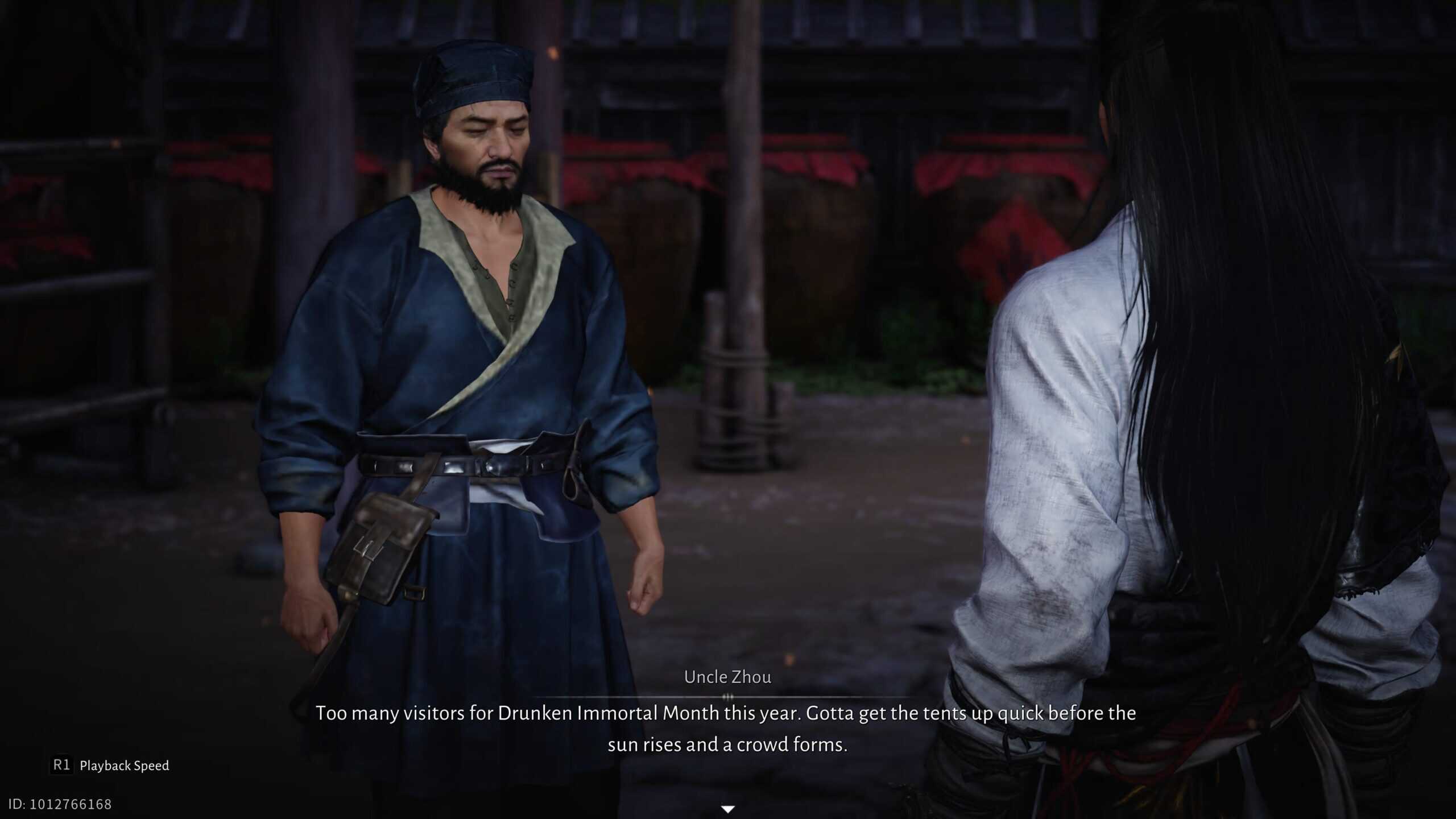 A jianghu warrior converses with a local vendor