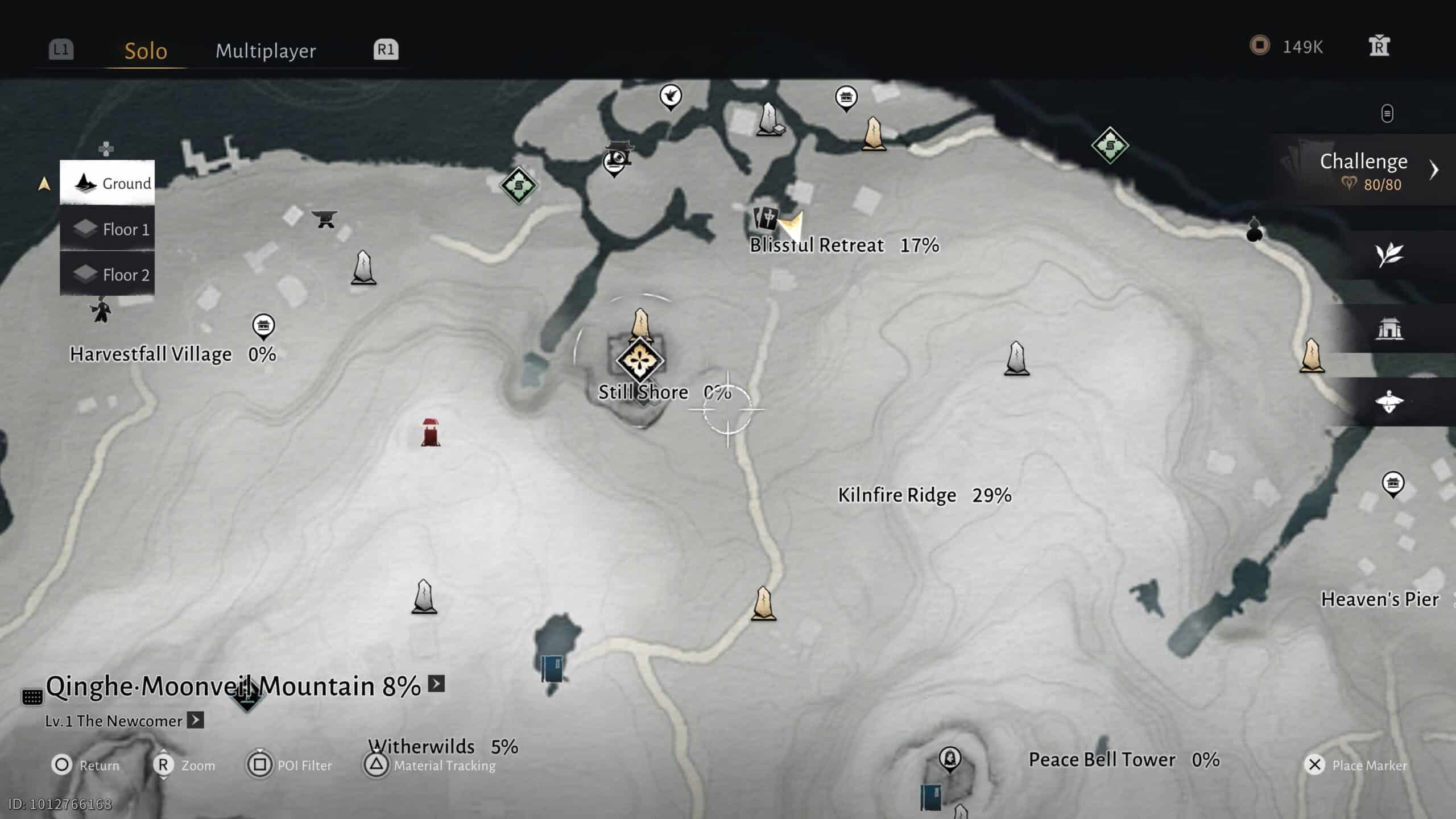 Game map from Where Winds Meet detailing regions, points of interest, and the player's current position