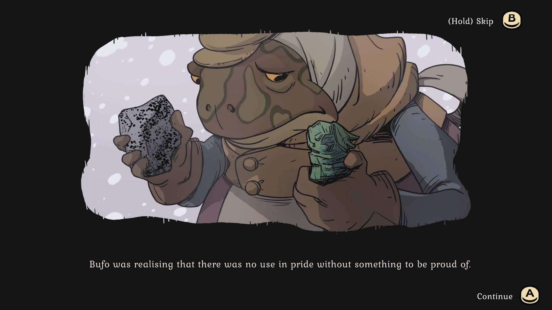 Listening to Bufo tell a story about his son in Winter Burrow.