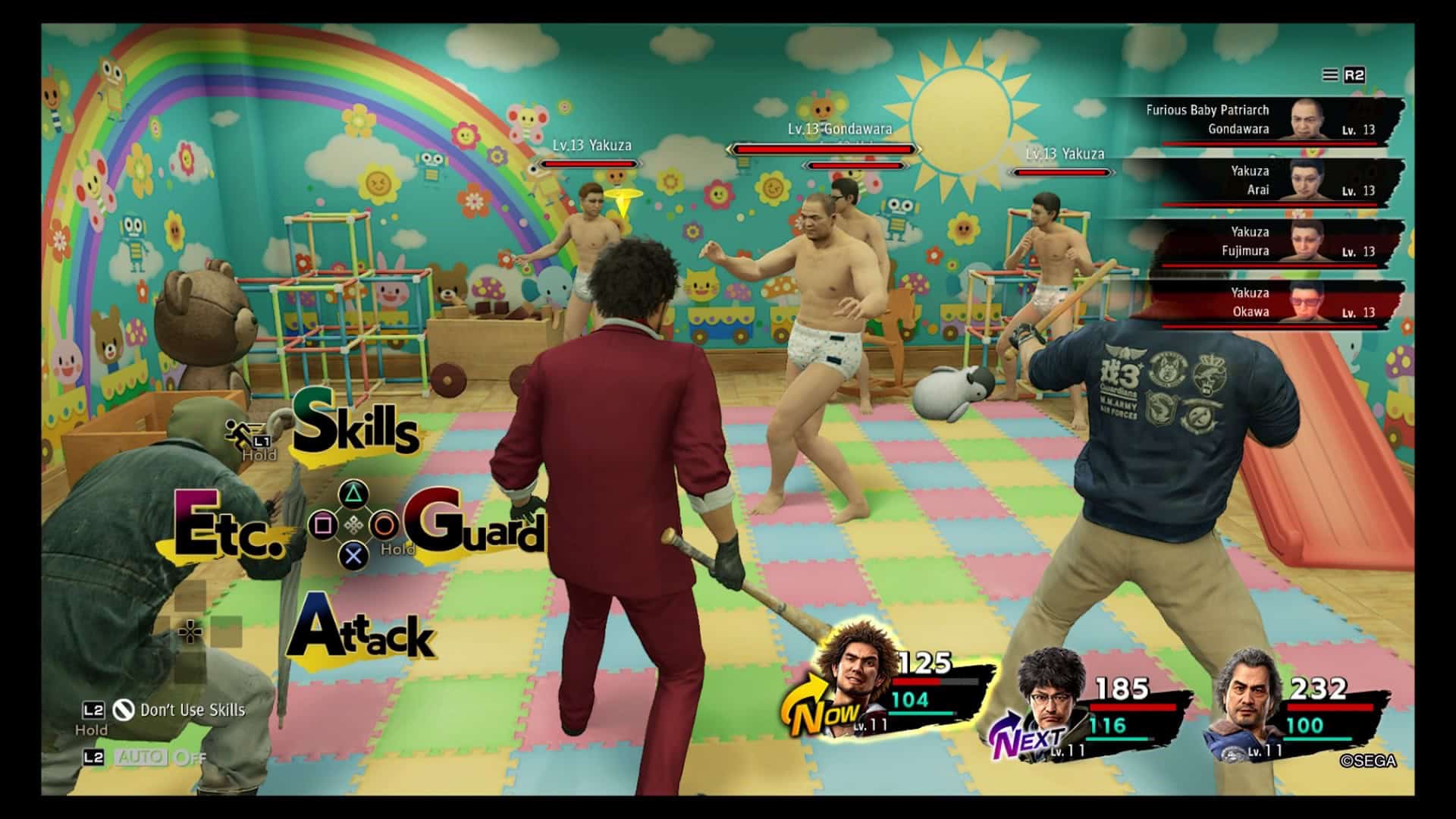 Ichiban and the team face off against a group of adult men in diapers in a day care center.