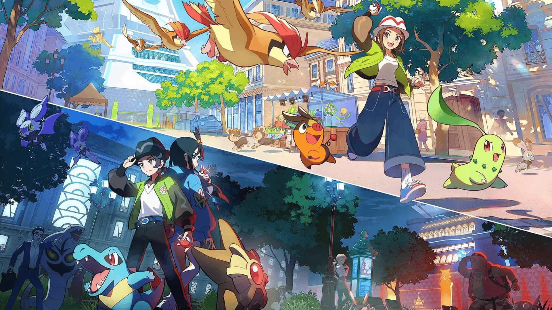 Pokémon Legends: Z-A key art, showing trainers and their Pokemon walking through Lumiose.