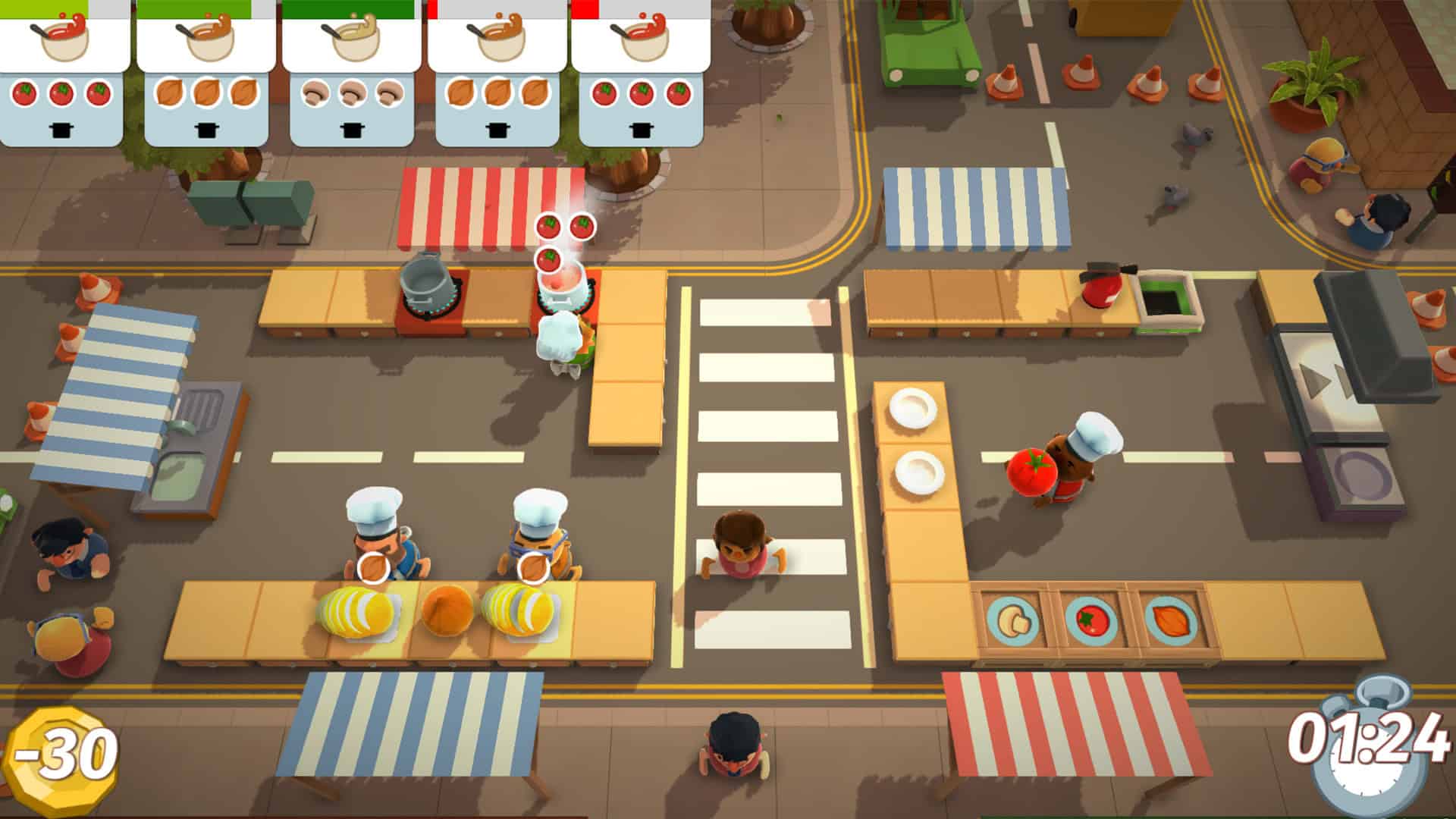 A screenshot of players during the road level of Overcooked!