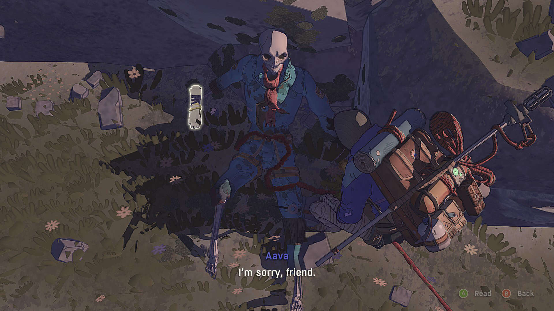 A skeleton of a climber in full clothing. Aava says "I'm sorry, friend"