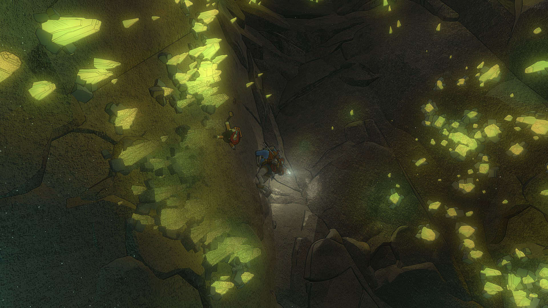 Aava climbing a cave wall with luminescent rocks