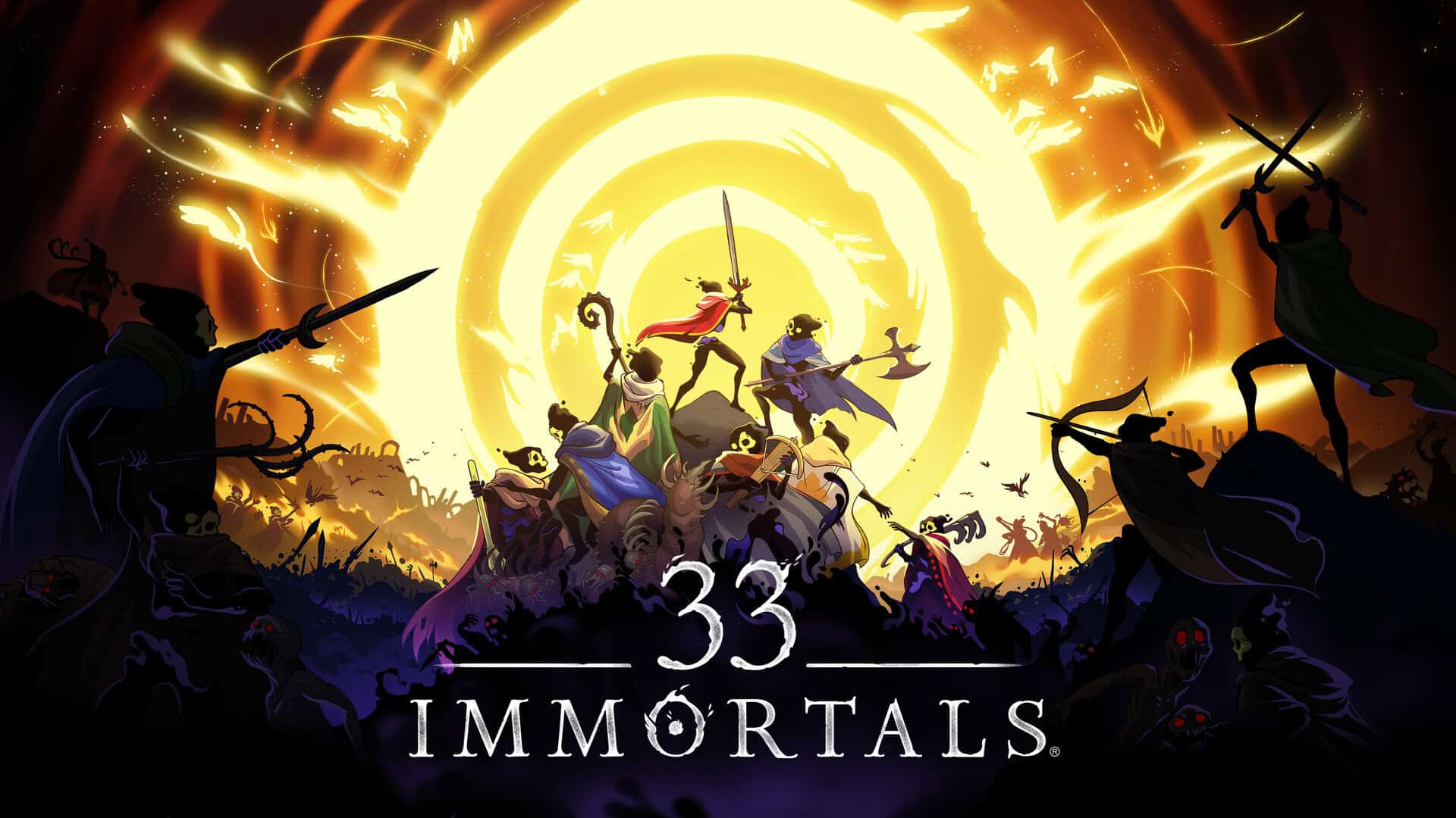 33 Immortals key art showing a group of differently armed shadowy soldiers standing on a rock in front of a bright yellow light source.