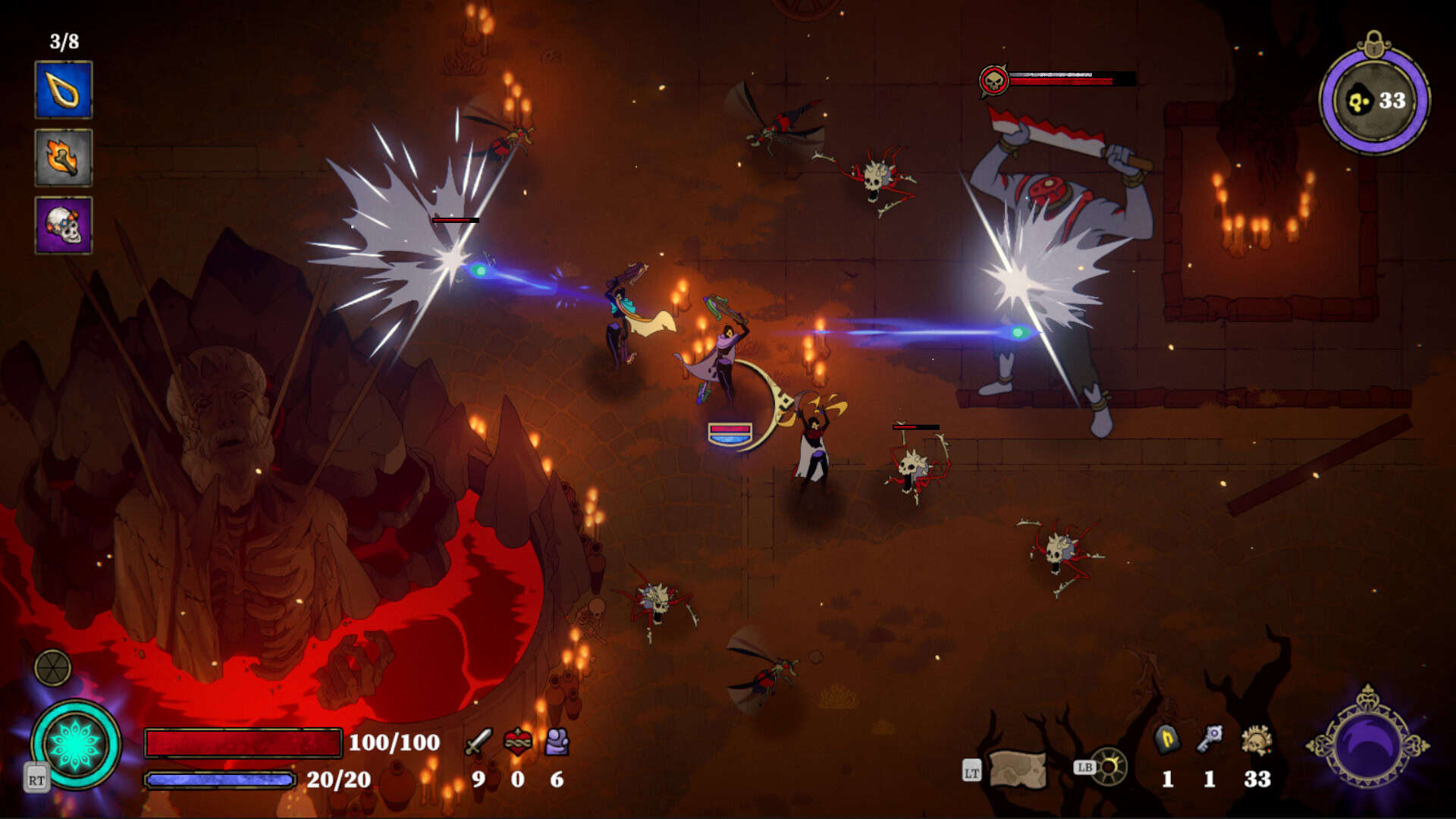 33 Immortals screenshot showing a crossbow being used in combat in a hellish environment