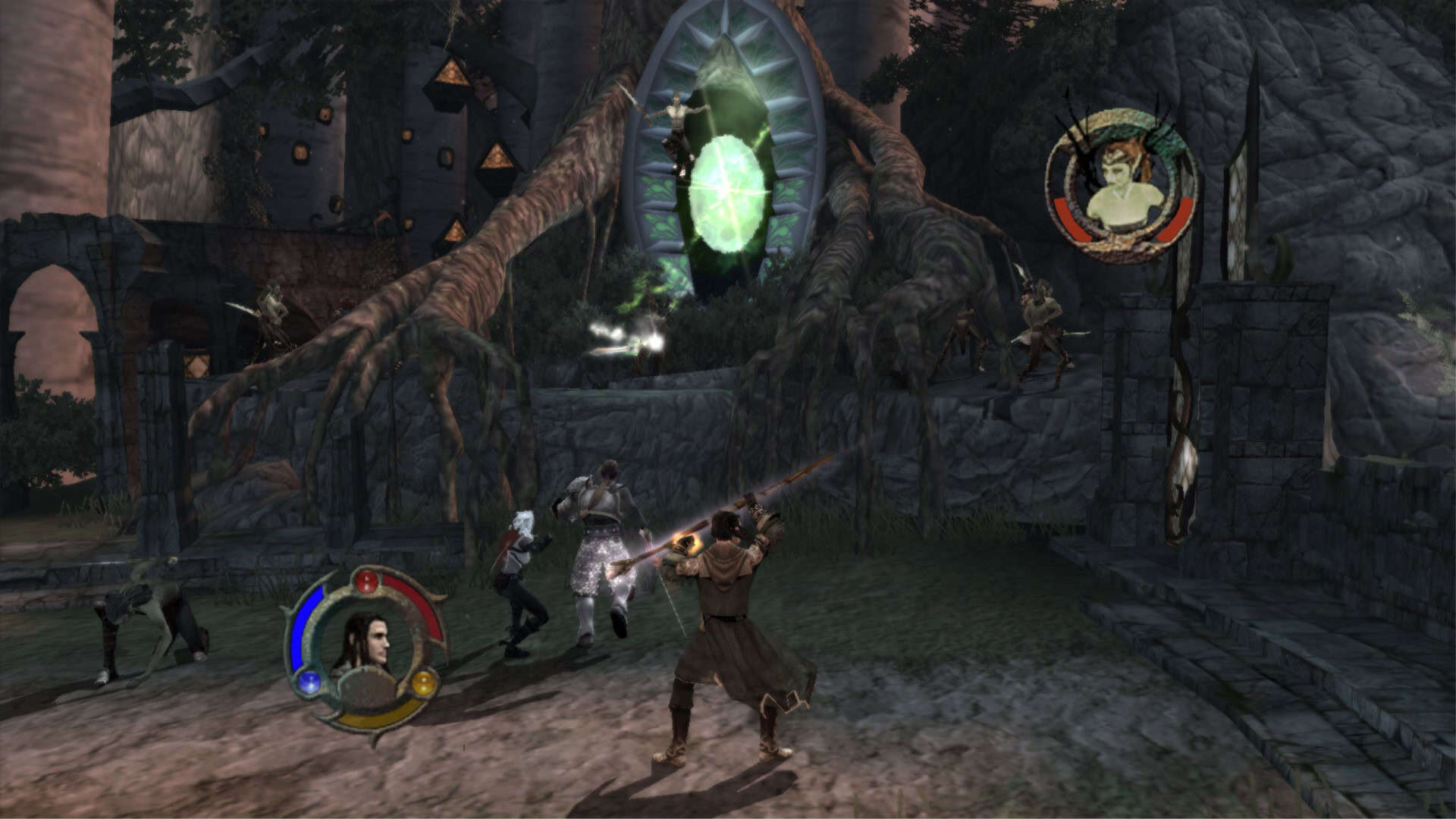 A trio of adventurers and a portal in the background