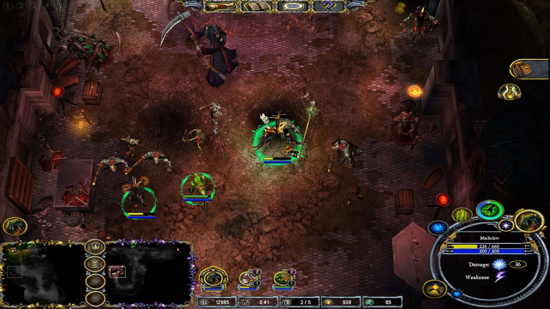 A group of lizardfolk warriors fighting skeletons and a Grim Reaper-like figure in an underground ruin.