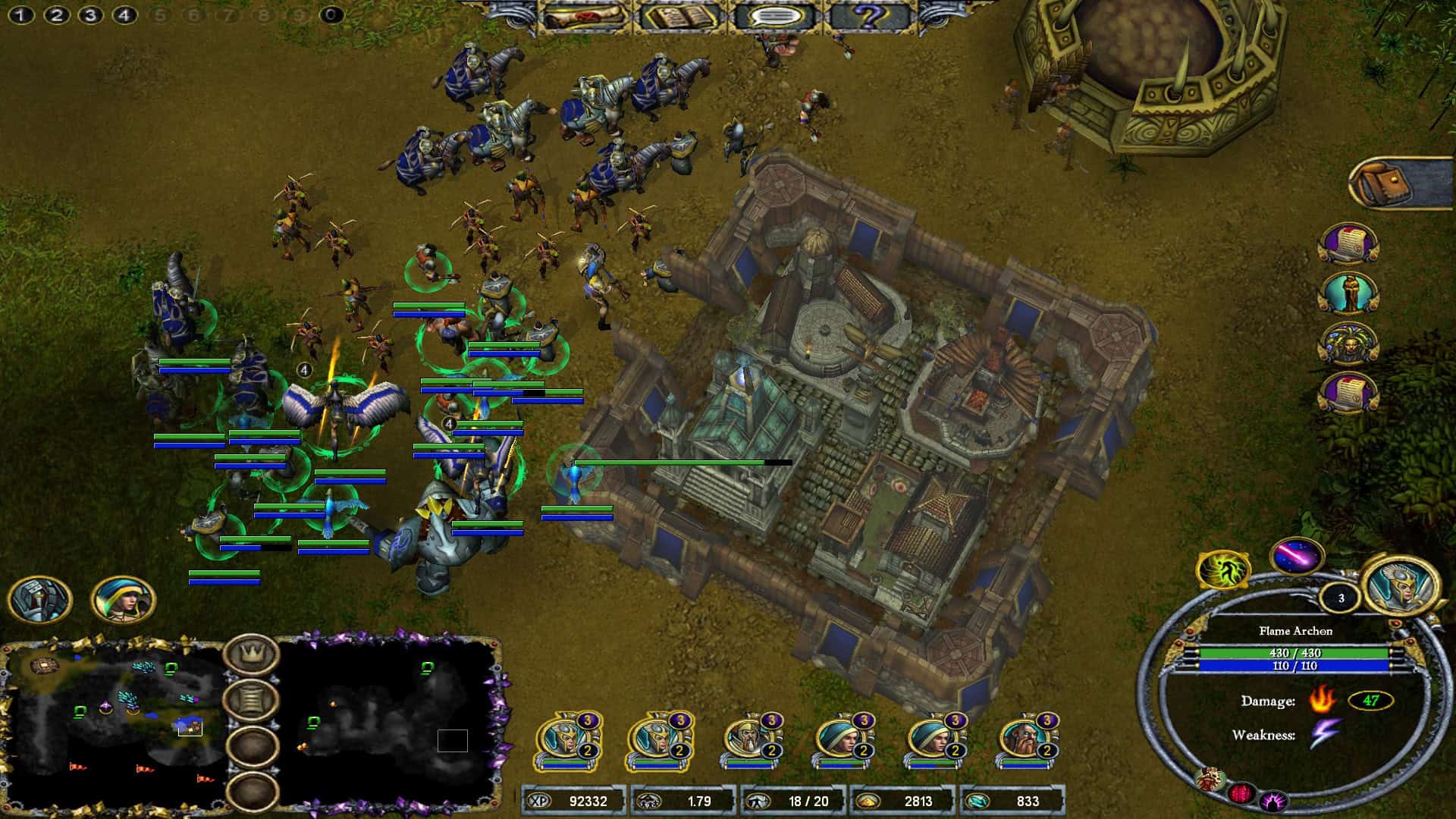 A large army of fantasy creatures assembled outside of a small fortress in a jungle environment