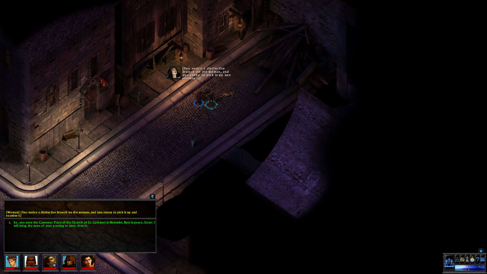 A cobblestoned street at night, a group of individuals standing over a dead body.