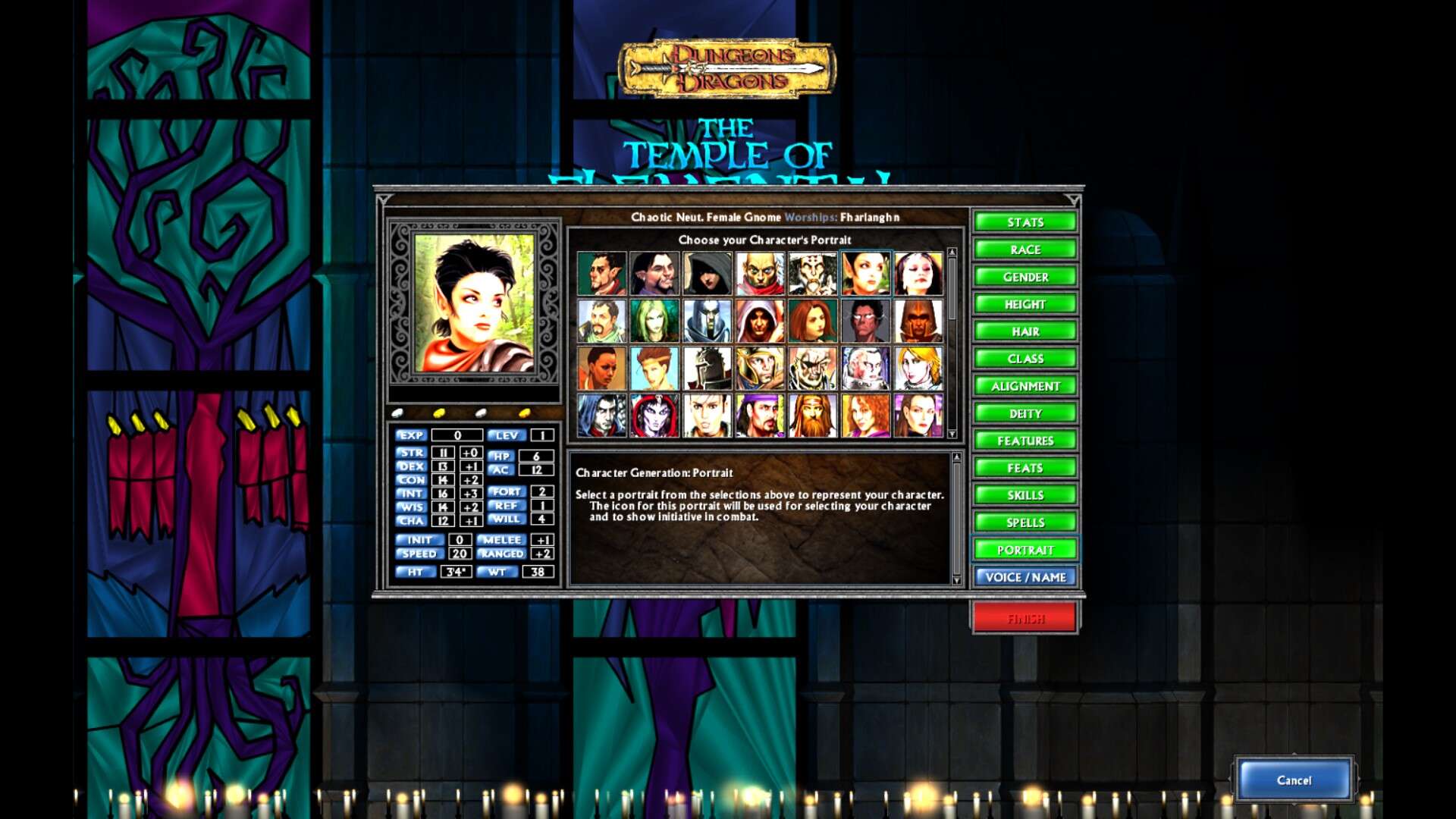 One of the character customization option screens for "The Temple Of Elemental Evil"