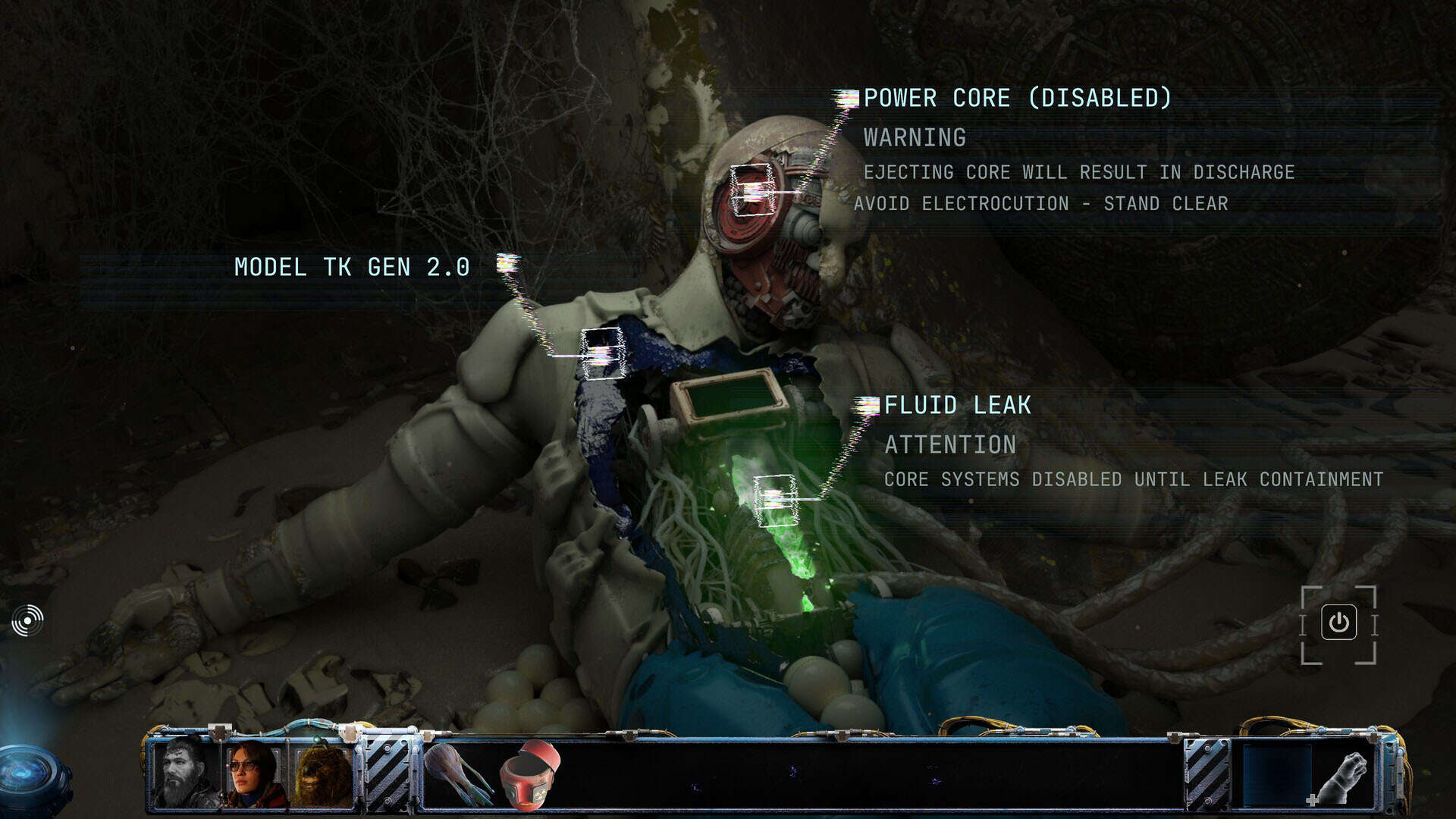 A screenshot of a destroyed android in Stasis: Bone Totem