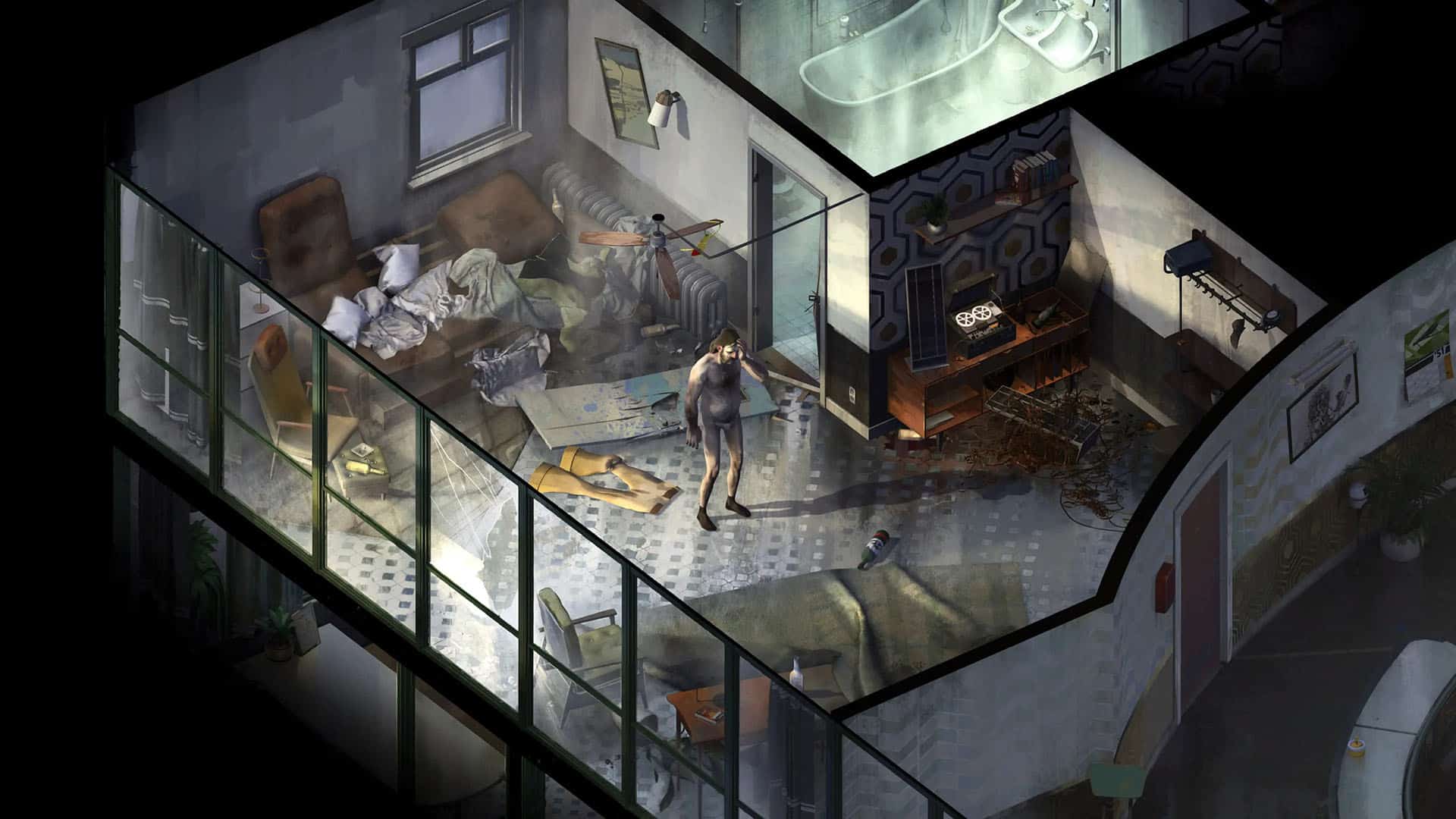 A screenshot of the main character waking up in the opening of Disco Elysium.
