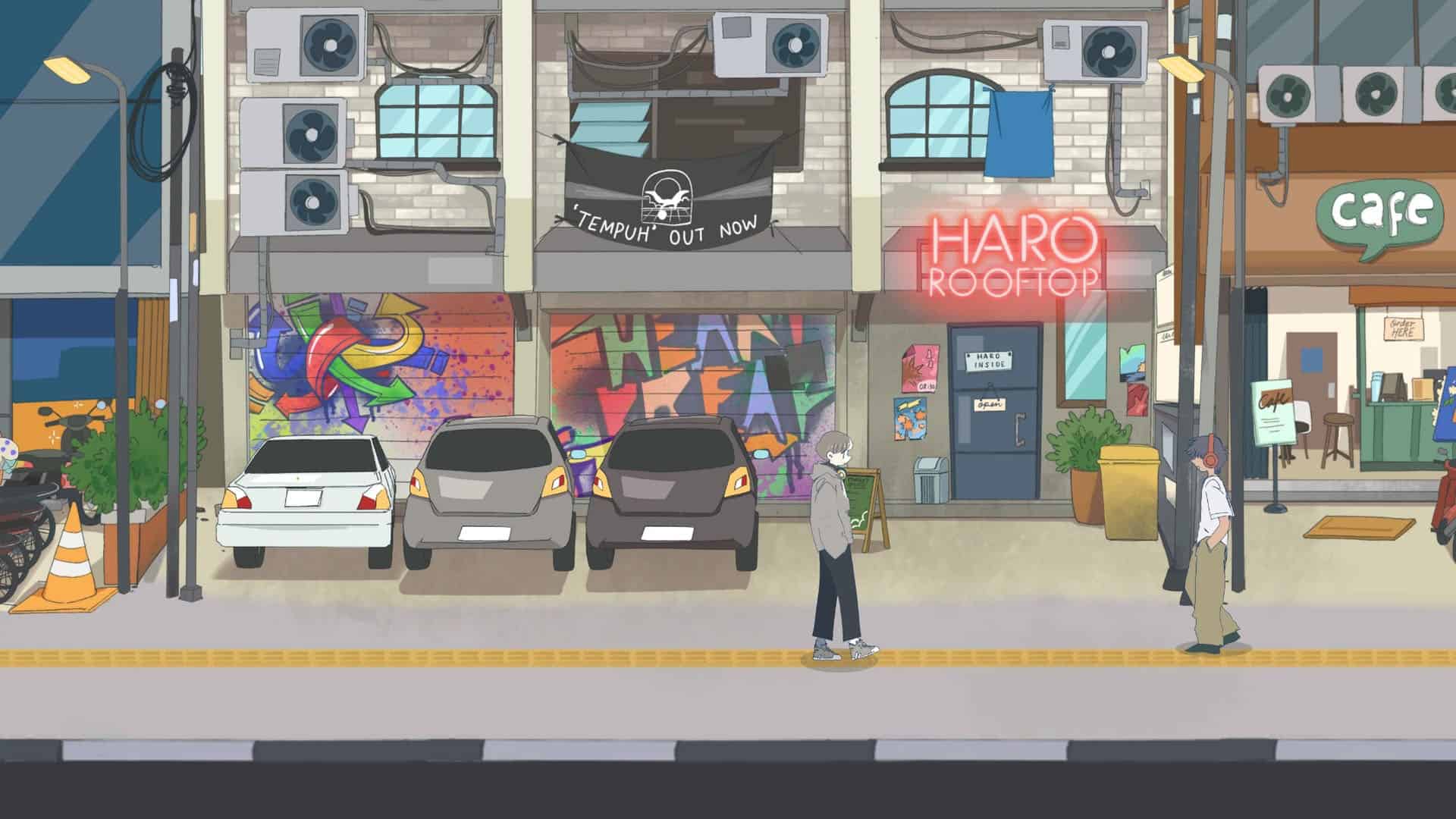A screenshot of main character, Rama, walking down a street in AfterLove EP.