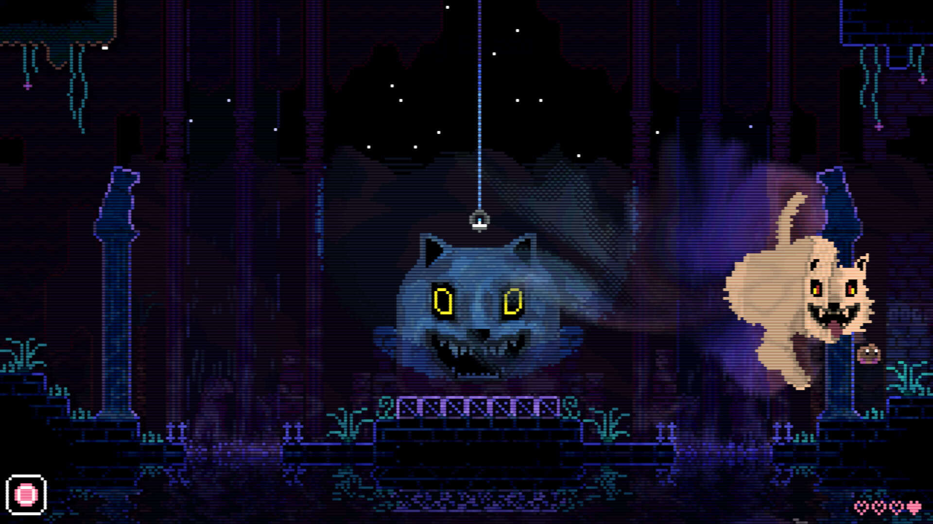A strange ghost cat threatens the little blob player in Animal Well