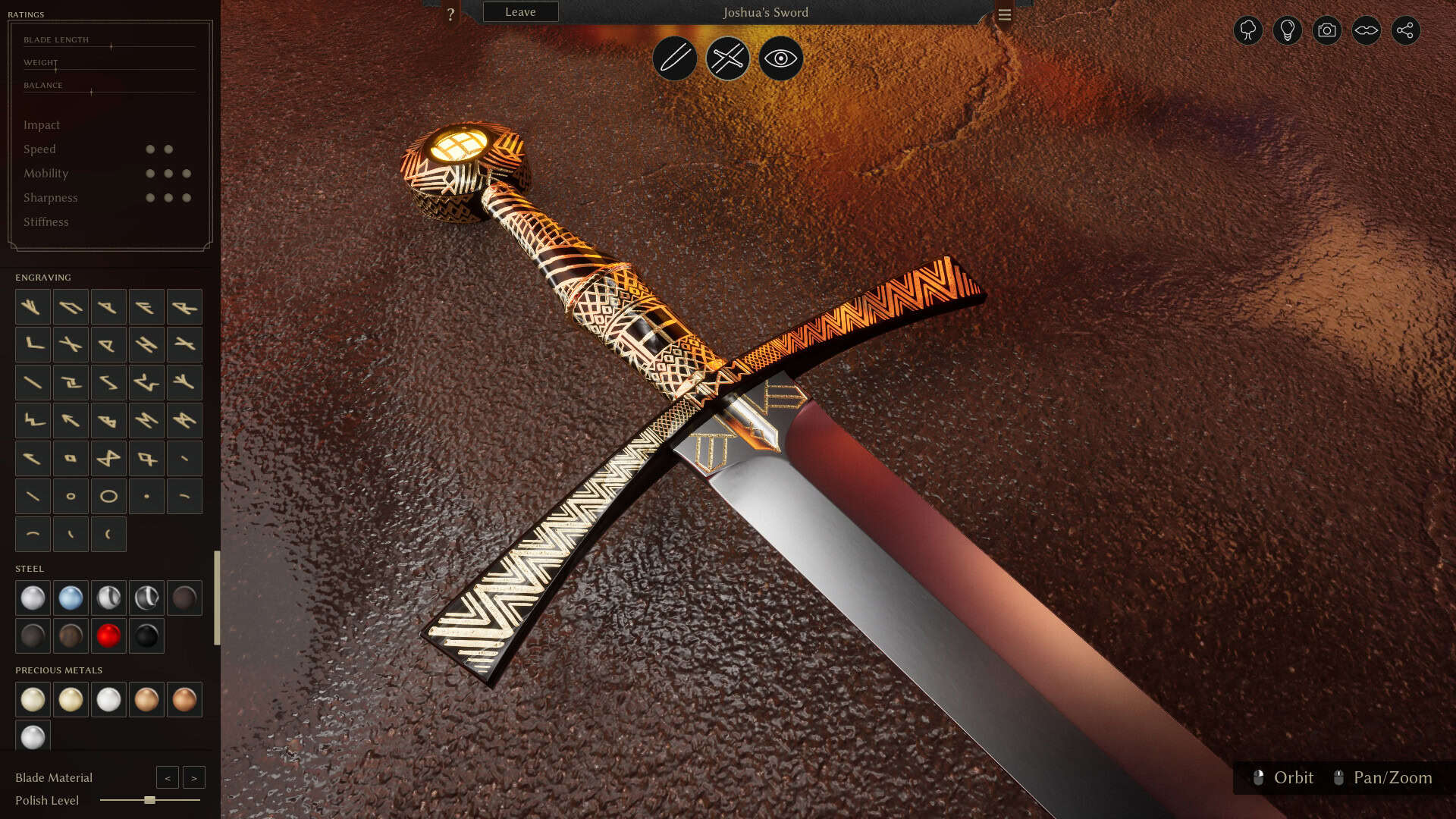 A close up of a sword in a workshop with many customization and build options.