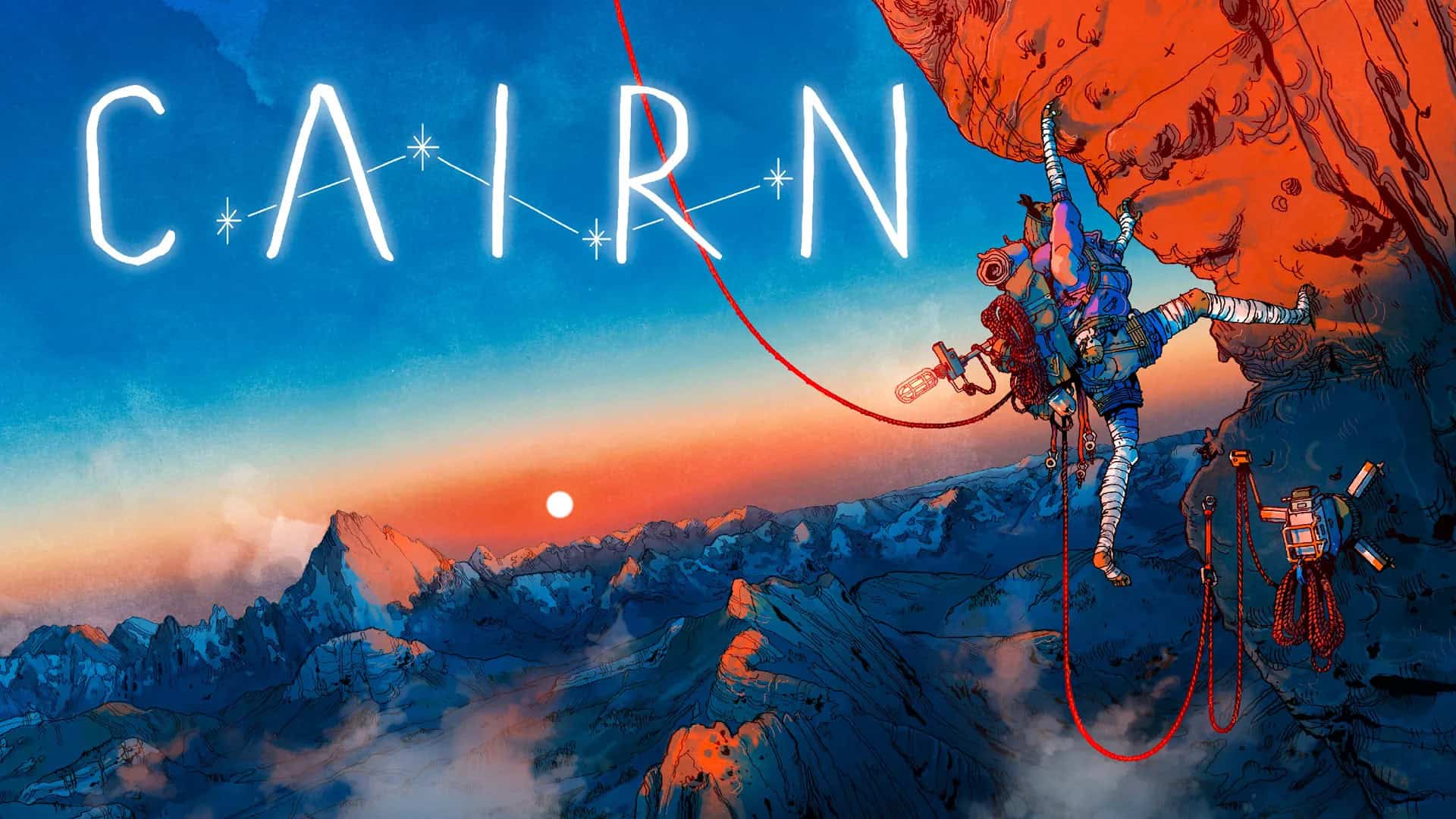 Cairn Key Art featuring Aava and Climbot climbing up a rock diagonally