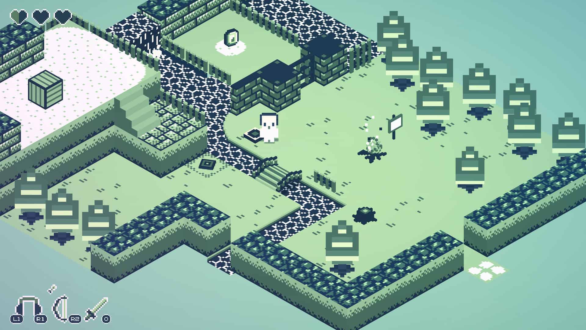A 2d isometric view of pixel art islands and characters.