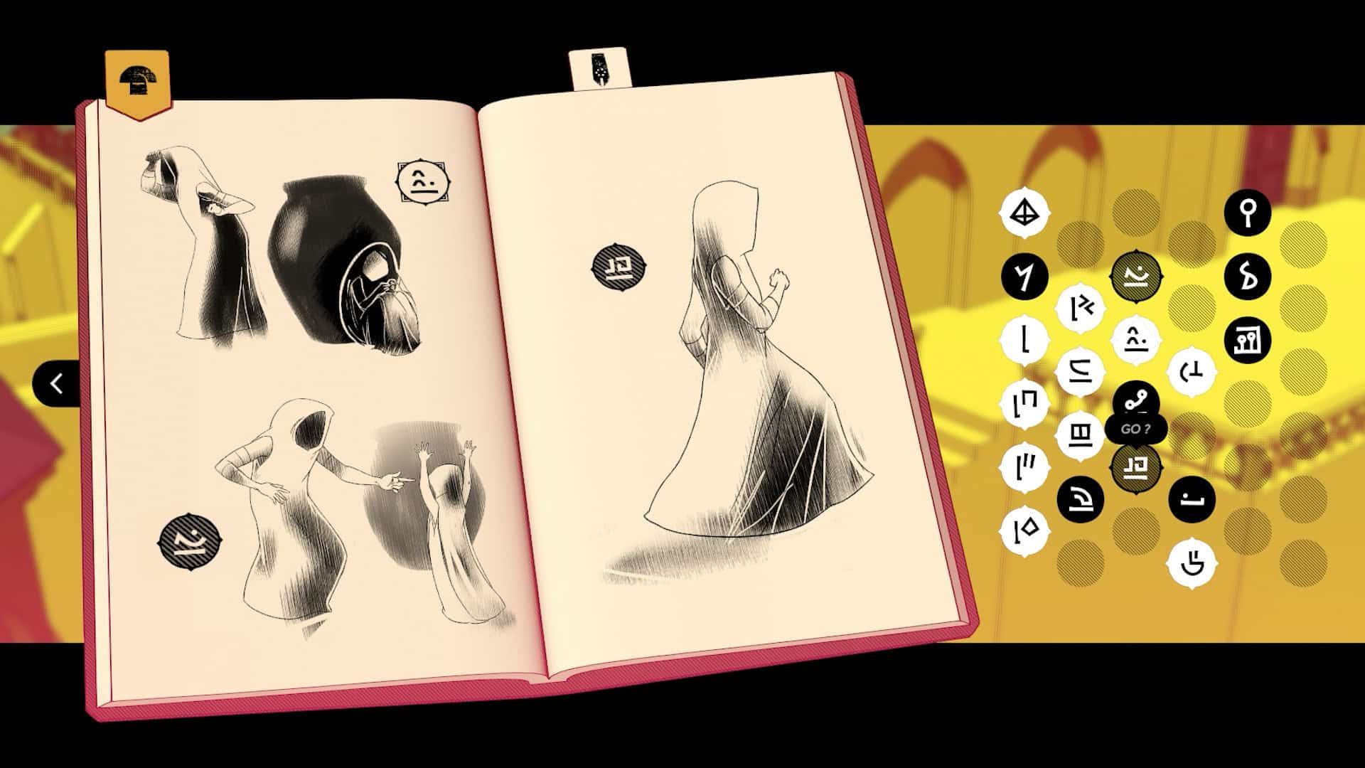 A notebook shows images and symbols with a strange alphabet