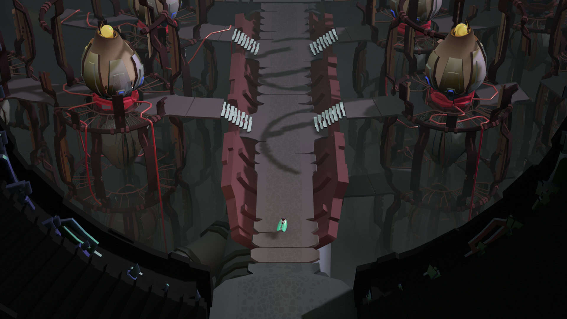 A small creature looks at a long metallic path with large machines around it.