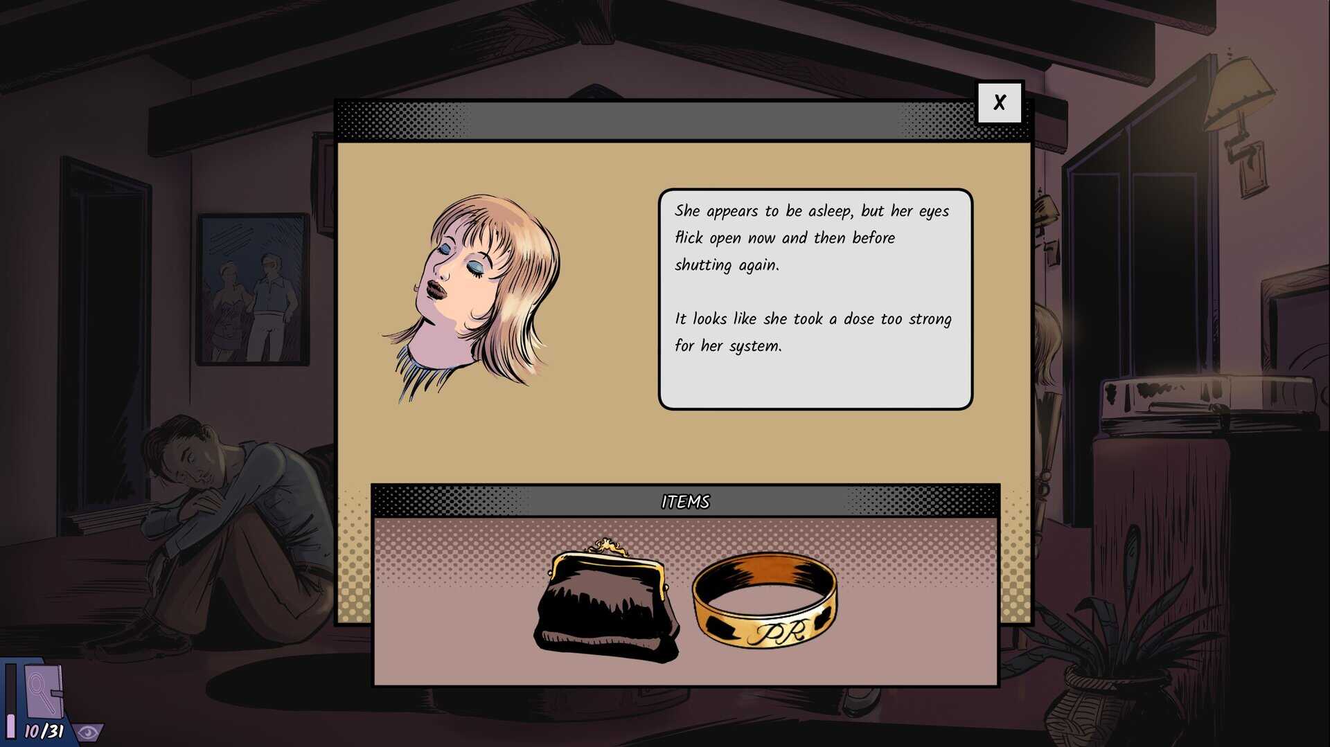 A screenshot of taking a closer look at a suspect and what items they have on their person in Confidential Killings.