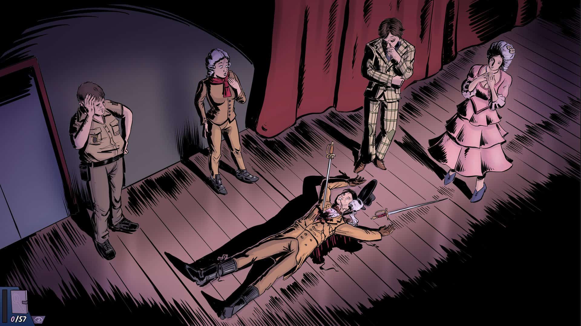 A screenshot of a murder crime scene on the set of a play in Confidential Killings.