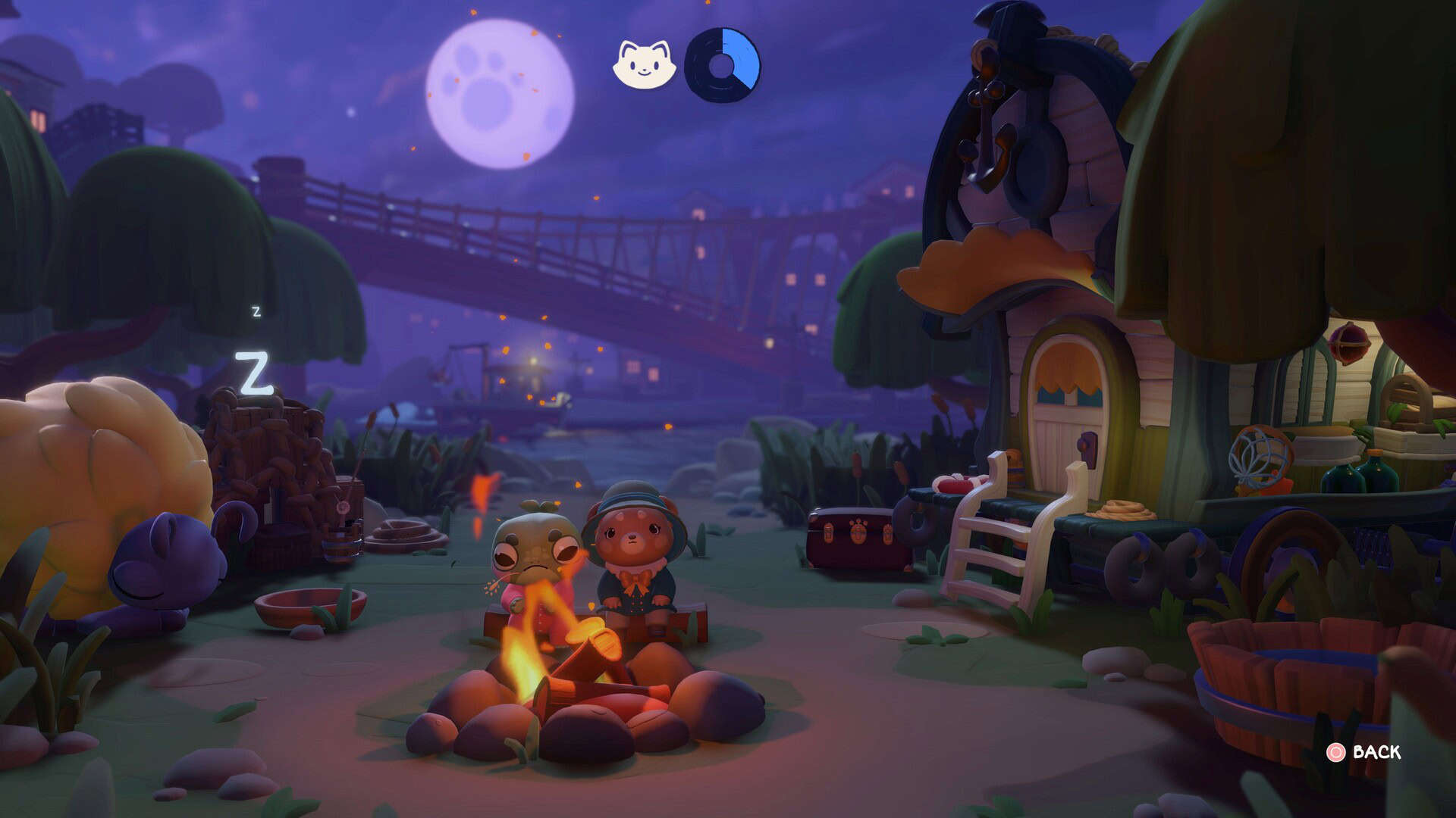 Two characters sit at a campfire under the moon.