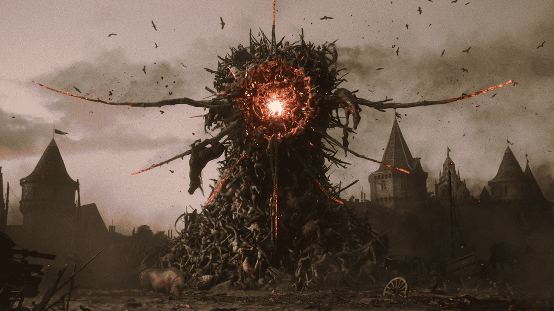 A Divinity trailer image showing a strange occult structure in a town centre made of human bodies.