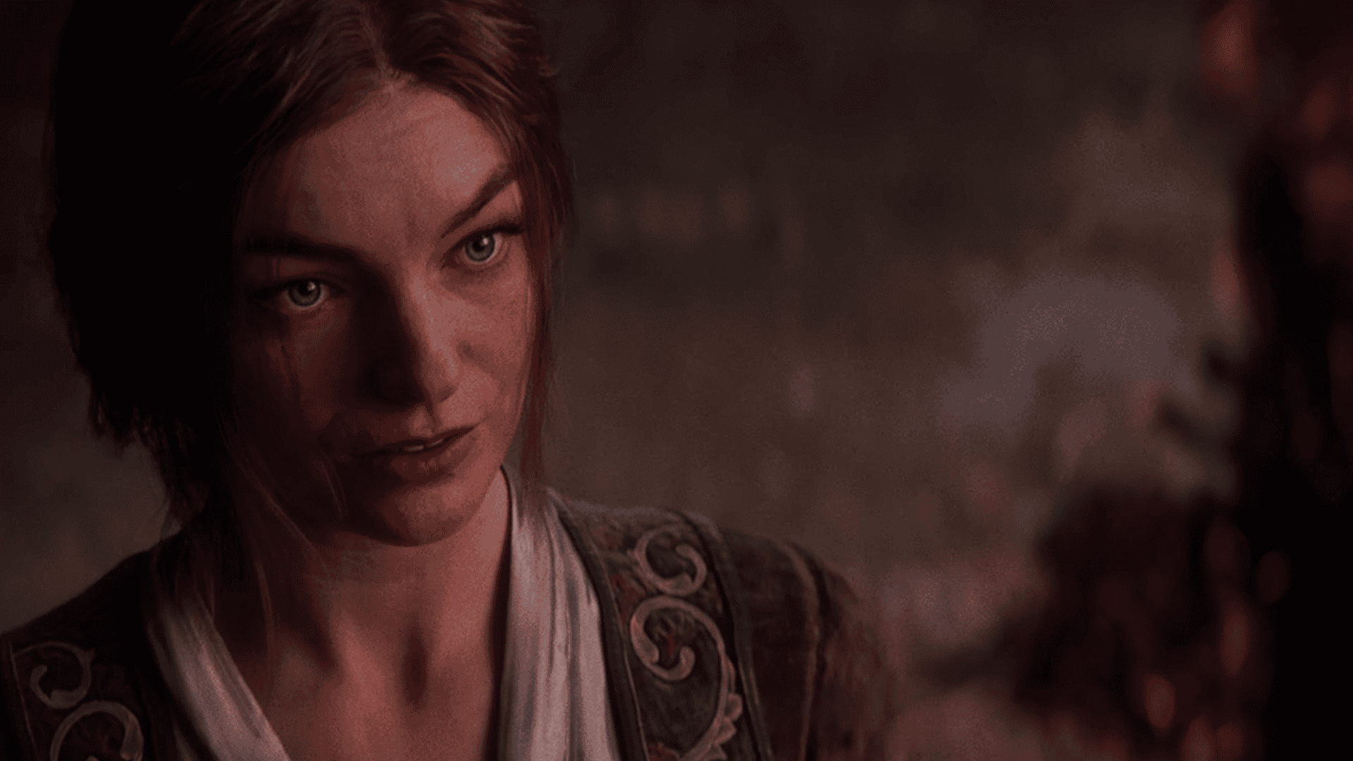 A screenshot from the Divinity cinematic reveal trailer showing a blue-eyed girl with brown hair looking up at an out-of-focus wooden item.