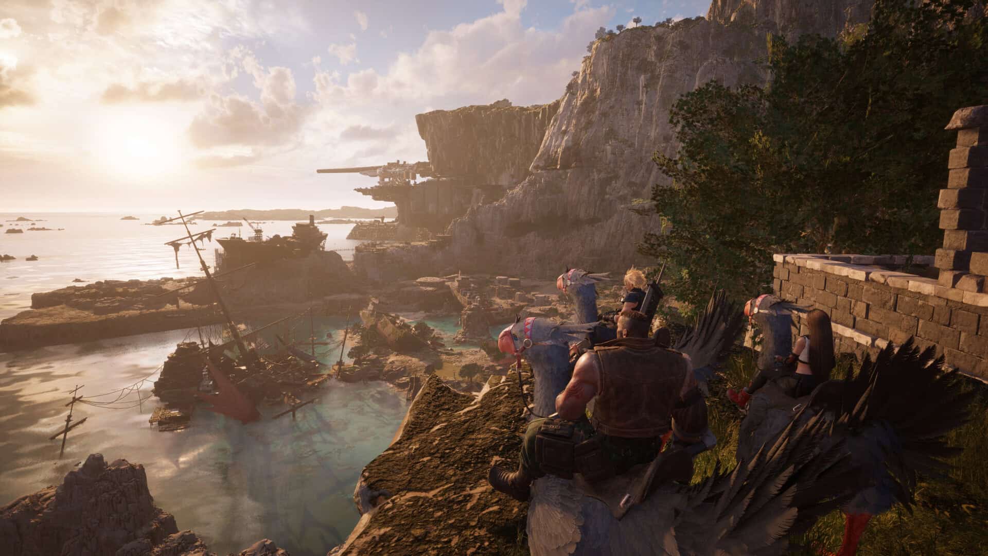 Final Fantasy VII Rebirth screenshot of the Junon region, with the party looking out at a shipwreck.