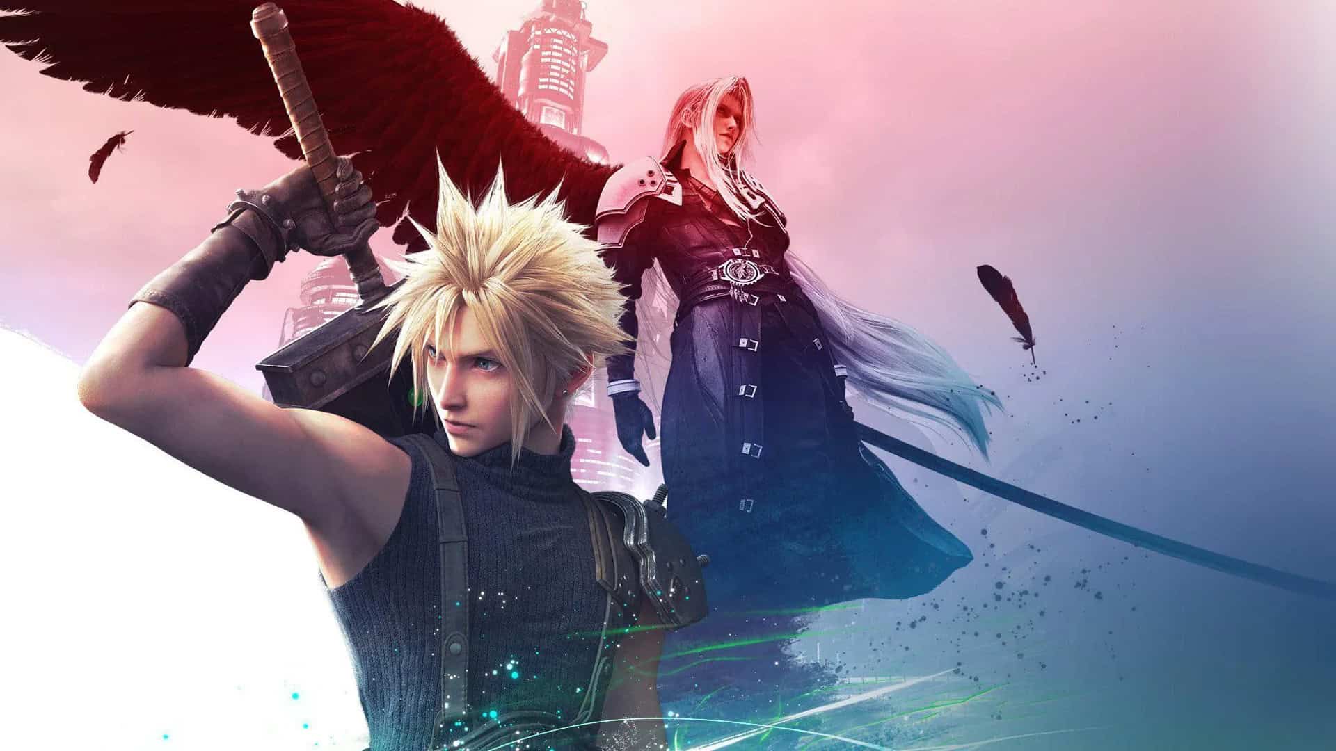 Final Fantasy VII Remake Intergrade Key Art showing cloud and sephiroth side by side, with a Midgar reactor looming in the background.