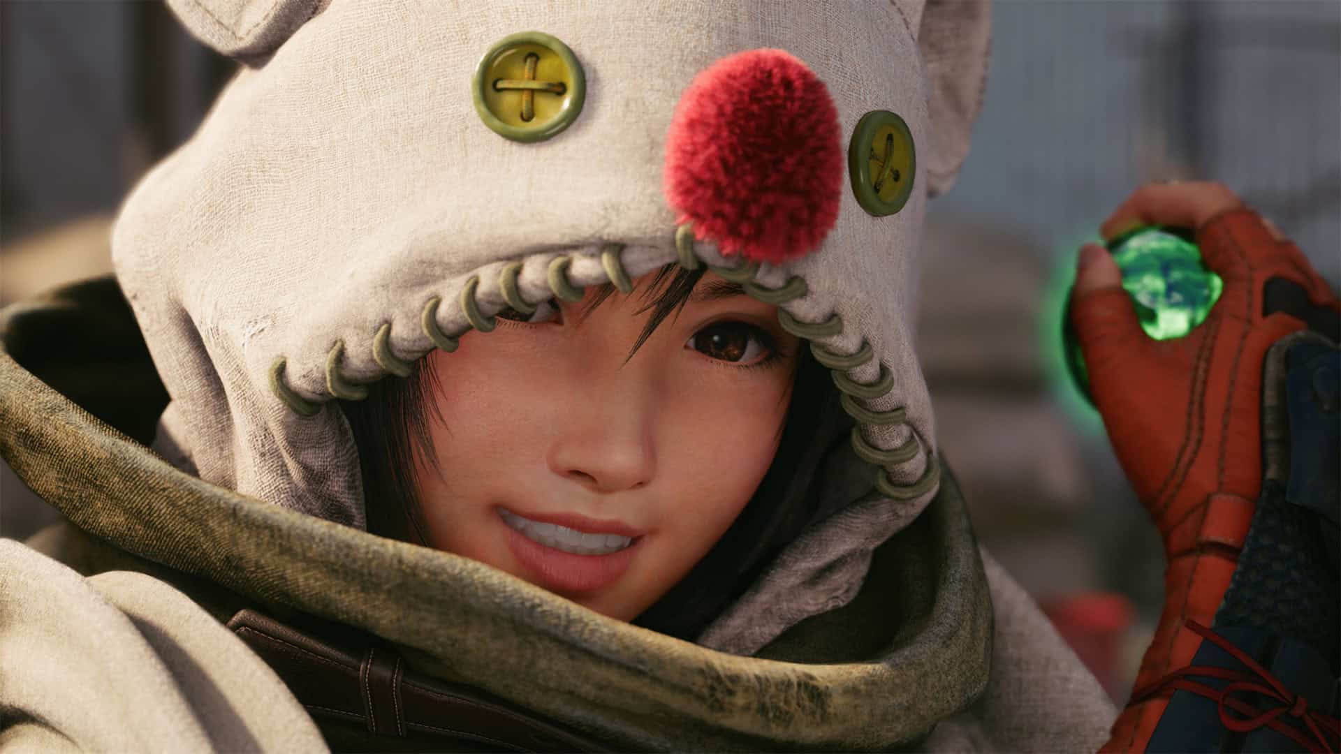 Final Fantasy VII Remake Intergrade screenshot showing Yuffie holding a materia in her Moogle outfit.
