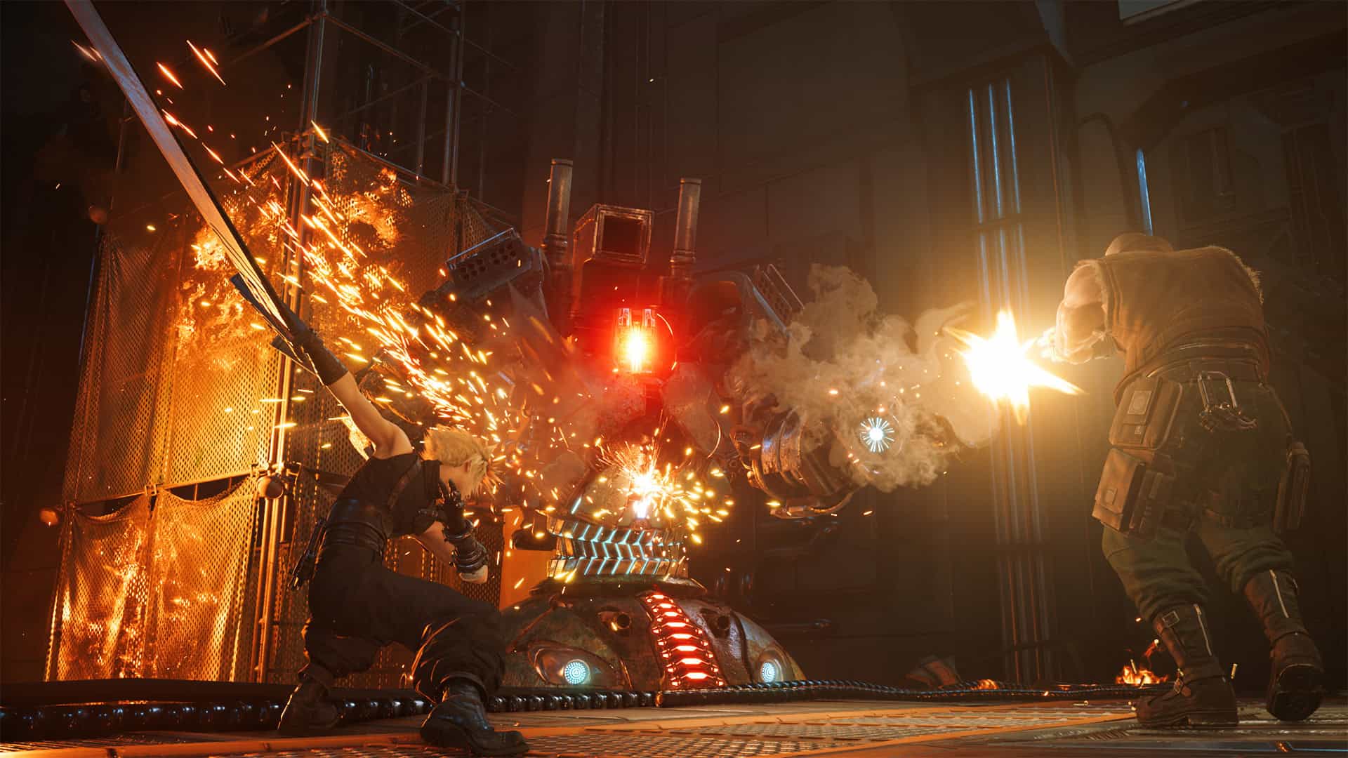 Final Fantasy VII Remake screenshot showing Cloud and Barret fighting a large robot