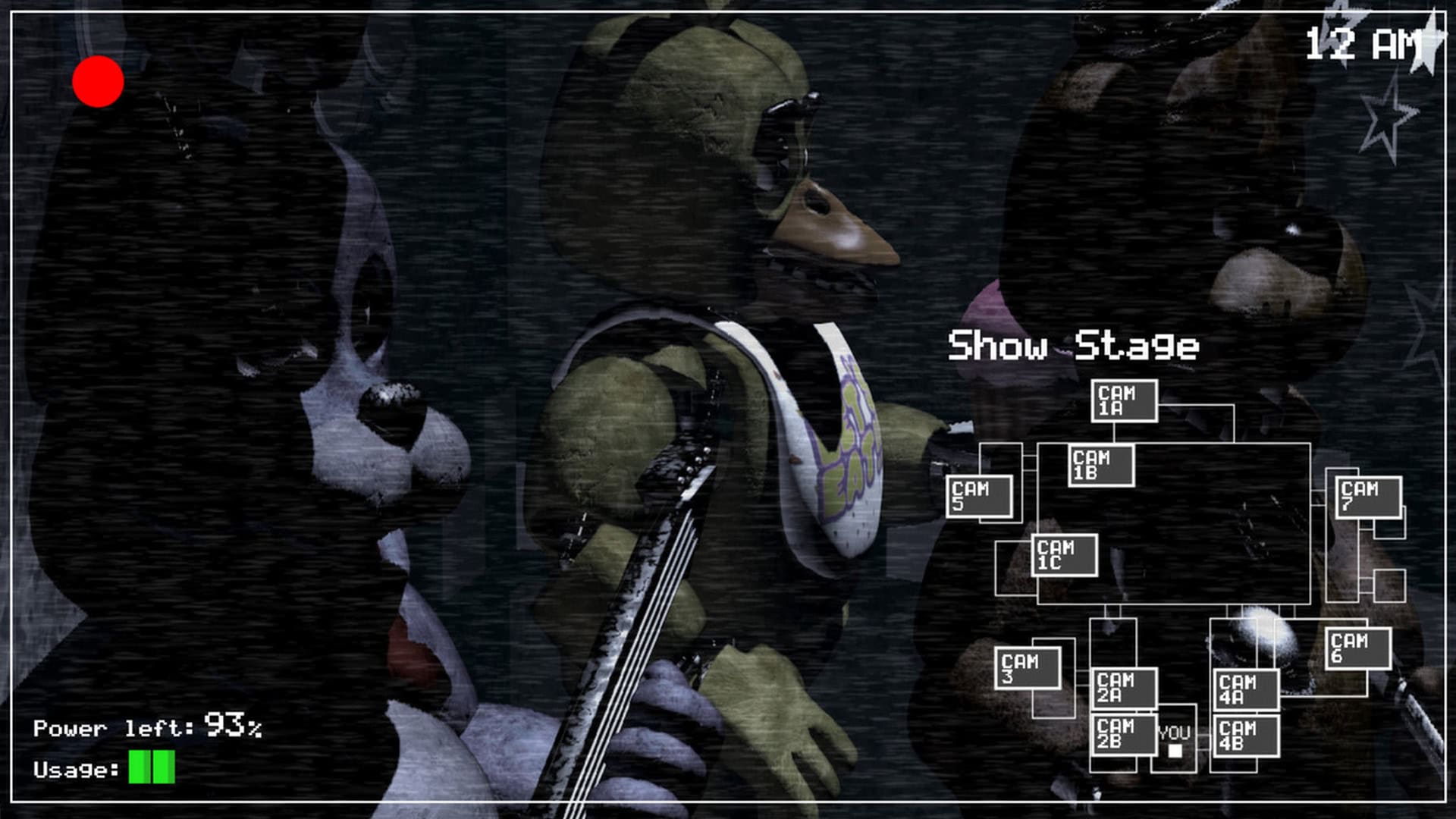 Five Nights at Freddy's screenshot showing the band members in storage through security cameras