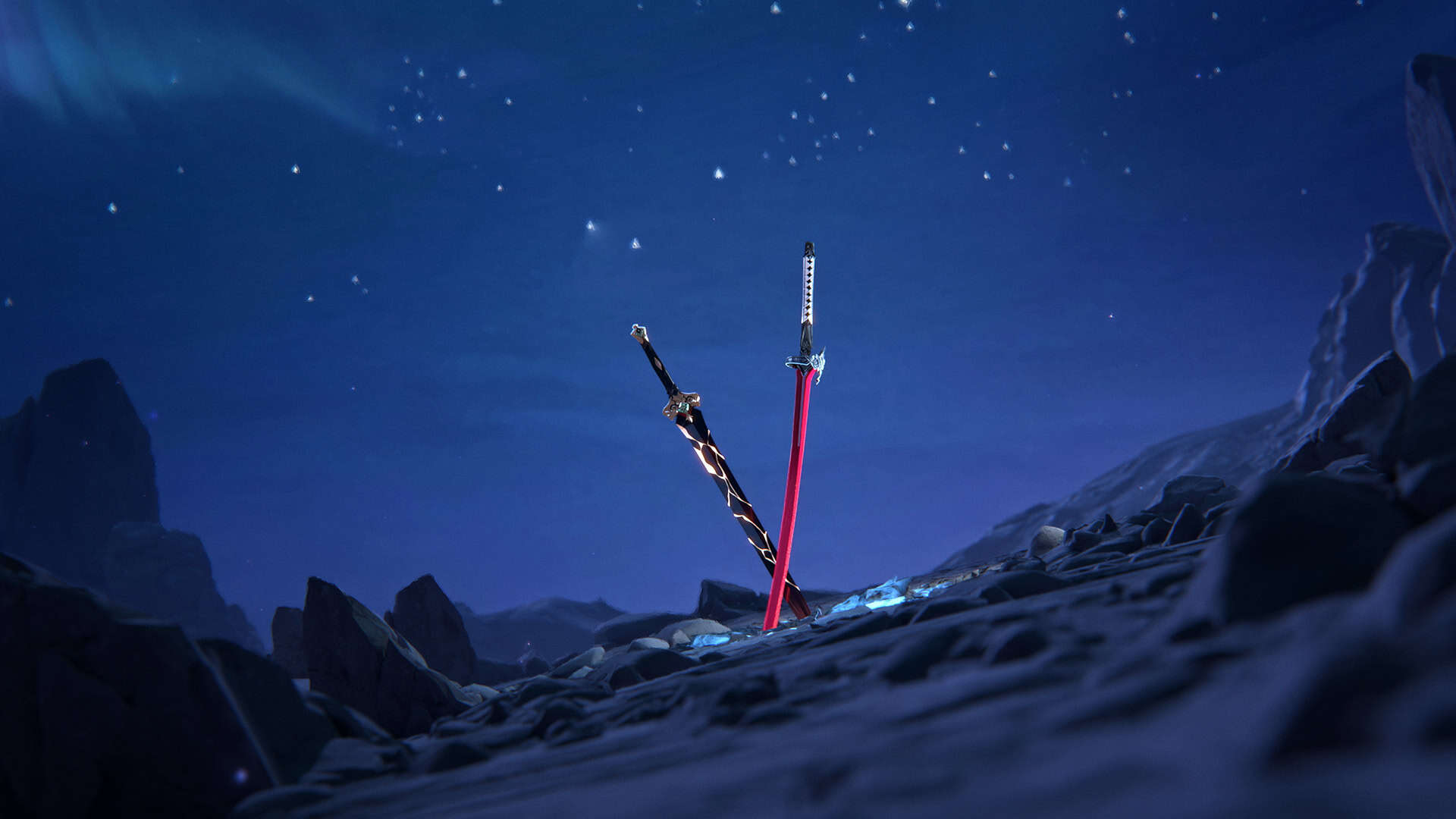 Fortnite and Honkai Star Rail collaboration teaser showing a red katana and a black sword stabbed into the ground side by side, under a starry sky