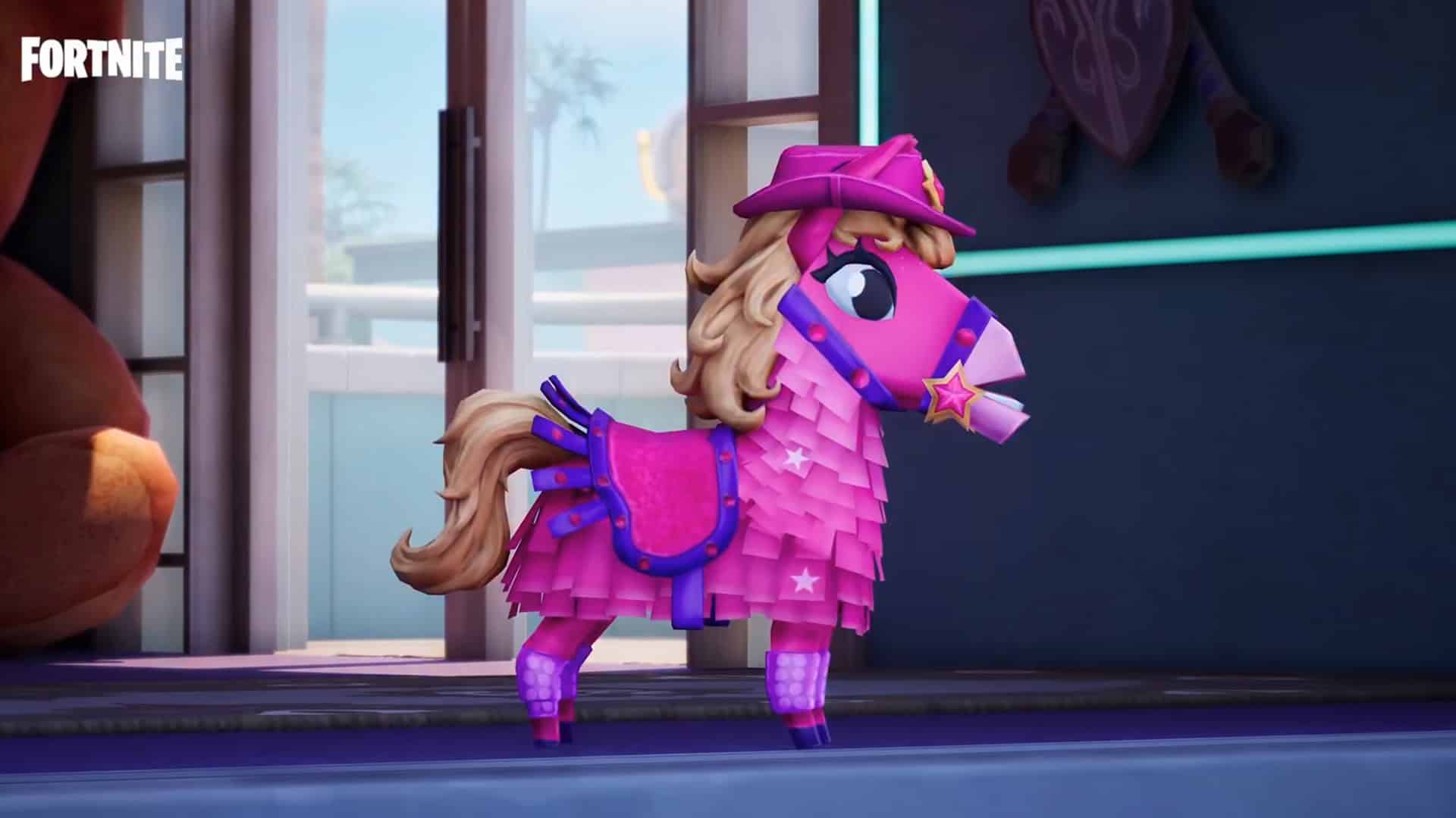 Fortnite screenshot with a small Pink Pony Sidekick wearing a cowboy hat